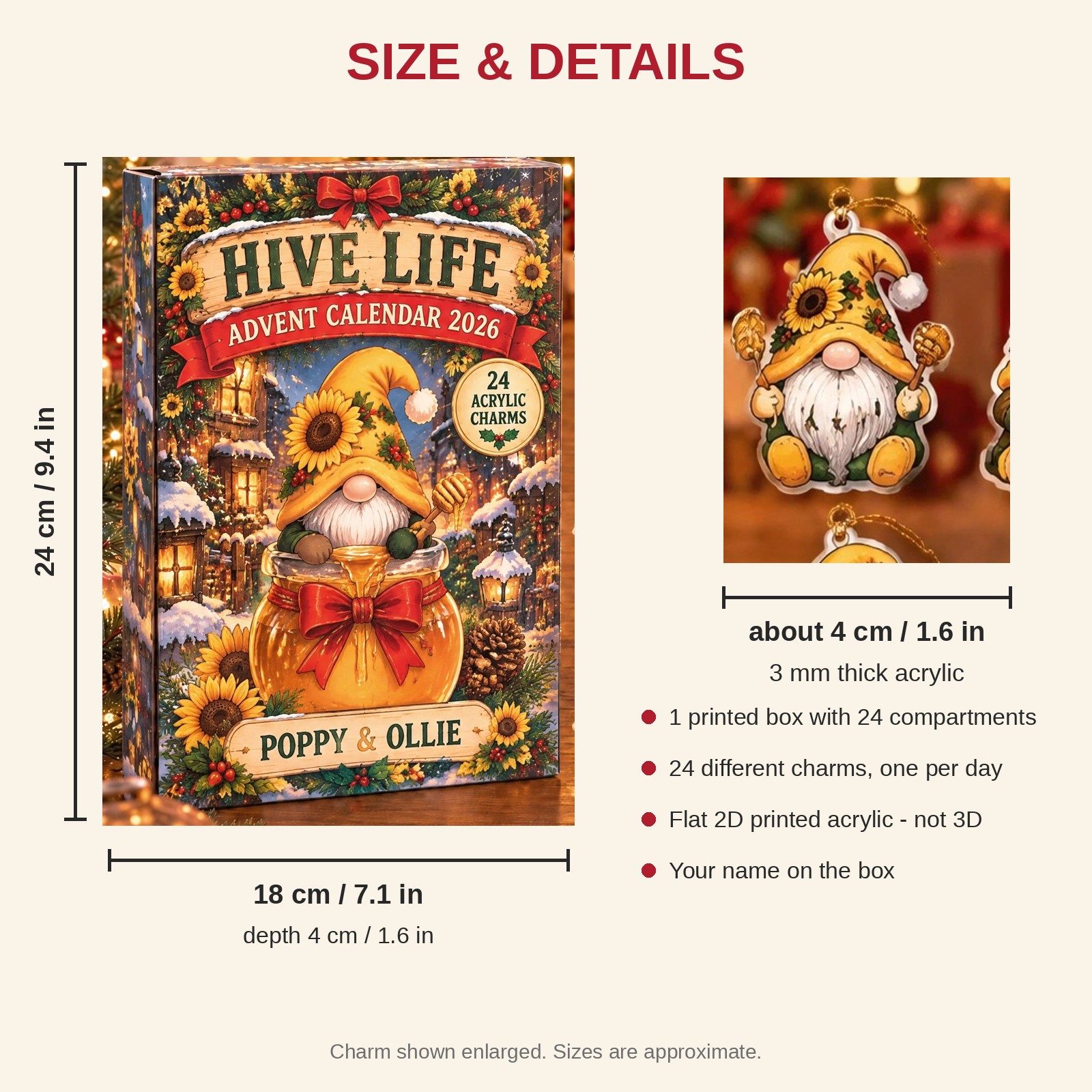 Personalized Sunflower Gnome Lover advent calendar box with 24 flat acrylic Christmas charms: box and charm sizes