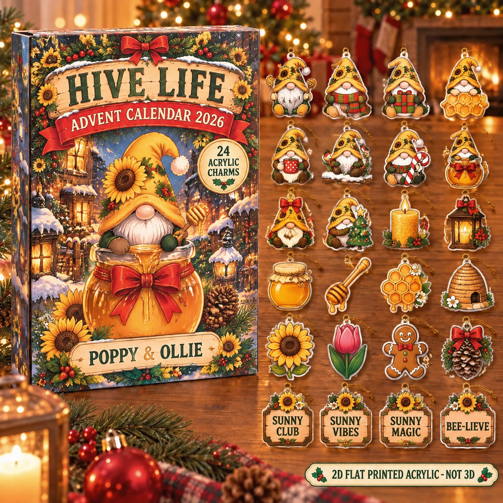 Personalized Sunflower Gnome Lover advent calendar box with 24 flat acrylic Christmas charms