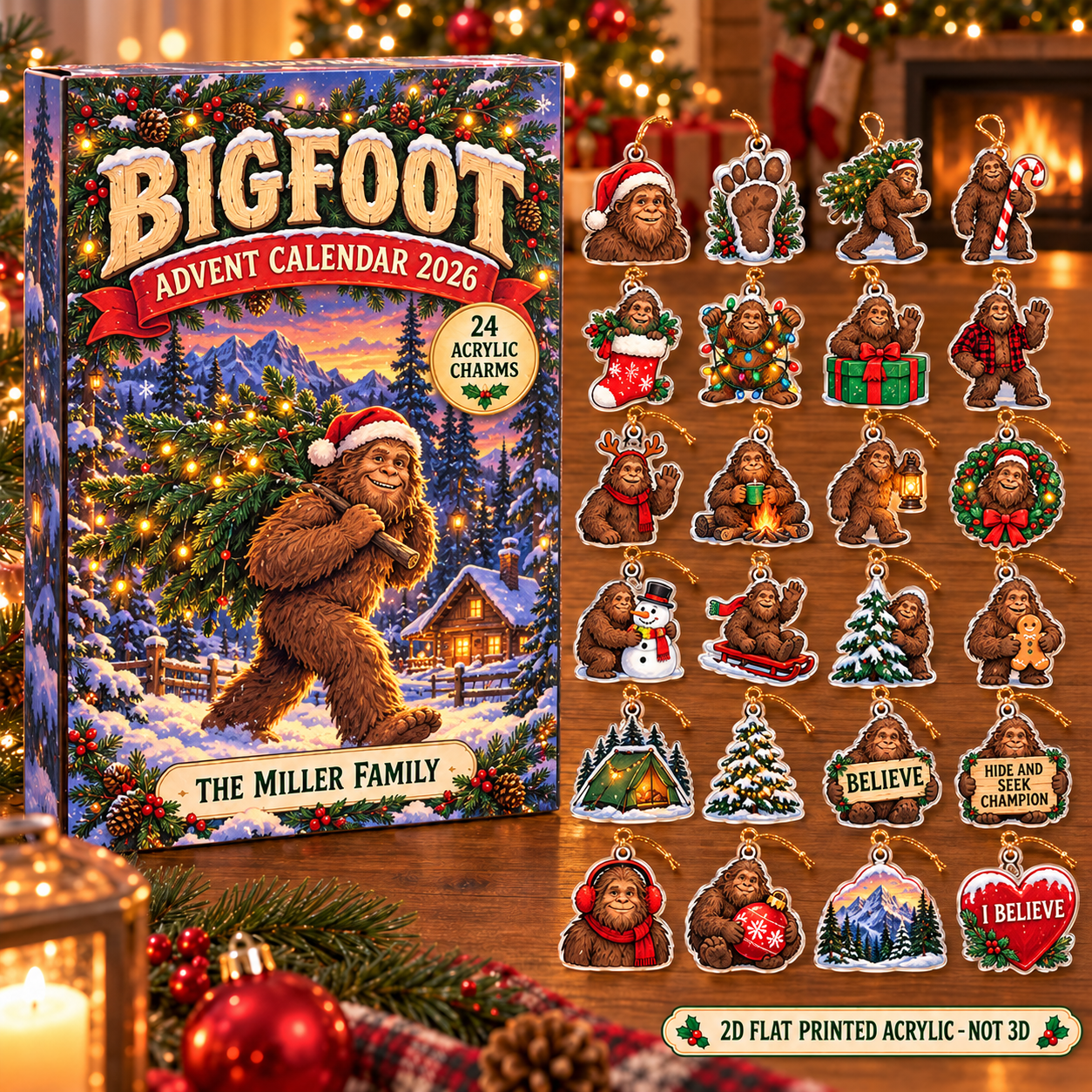 Personalized bigfoot advent calendar box with 24 flat acrylic Christmas charms