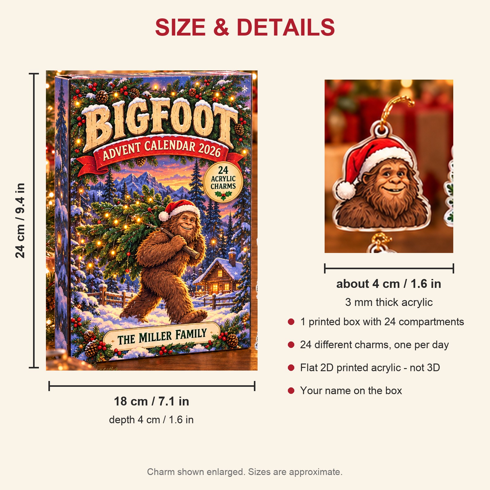 Personalized bigfoot advent calendar box with 24 flat acrylic Christmas charms: box and charm sizes