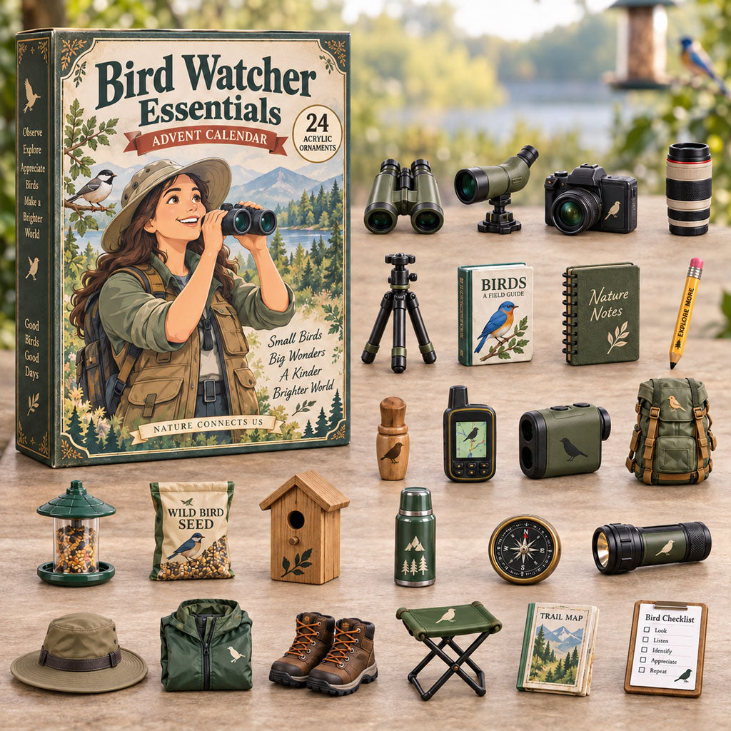 Bird Watcher Essentials advent calendar box with 24 acrylic Christmas charms