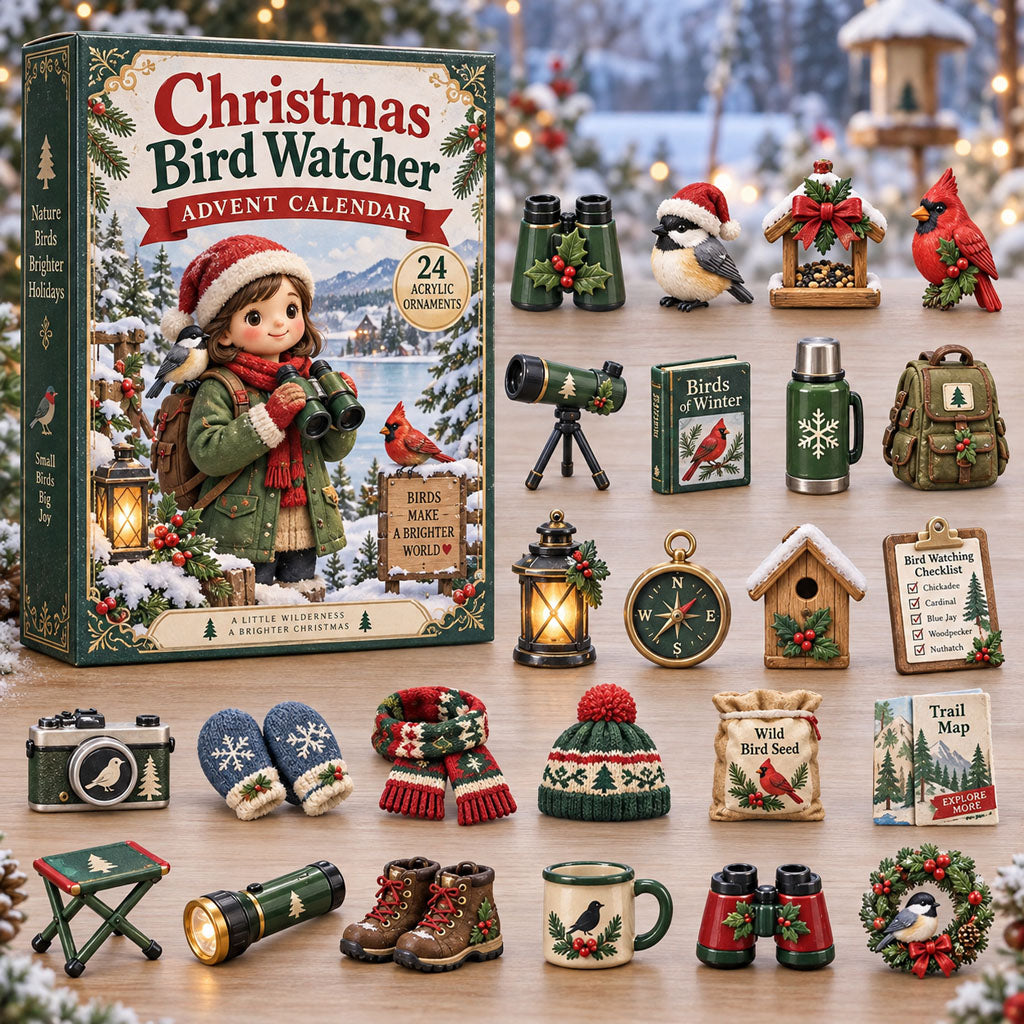 Bird Watcher advent calendar box with 24 acrylic Christmas charms