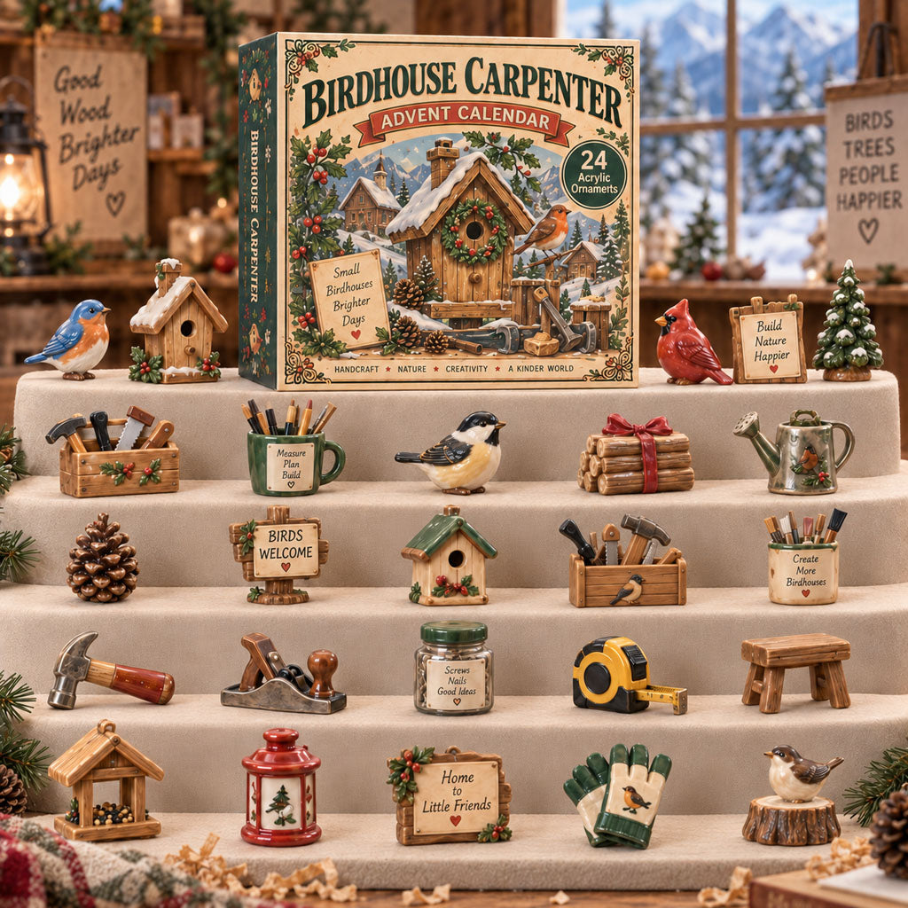 Birdhouse Carpenter advent calendar box with 24 acrylic Christmas charms