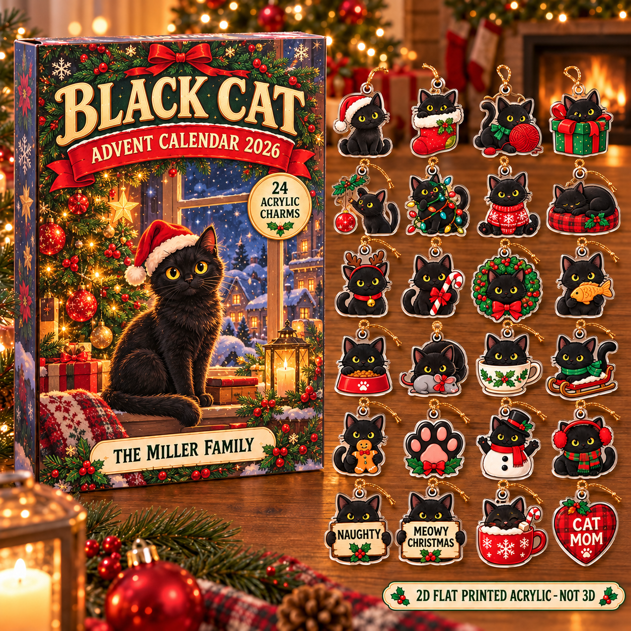 Personalized black cat advent calendar box with 24 flat acrylic Christmas charms