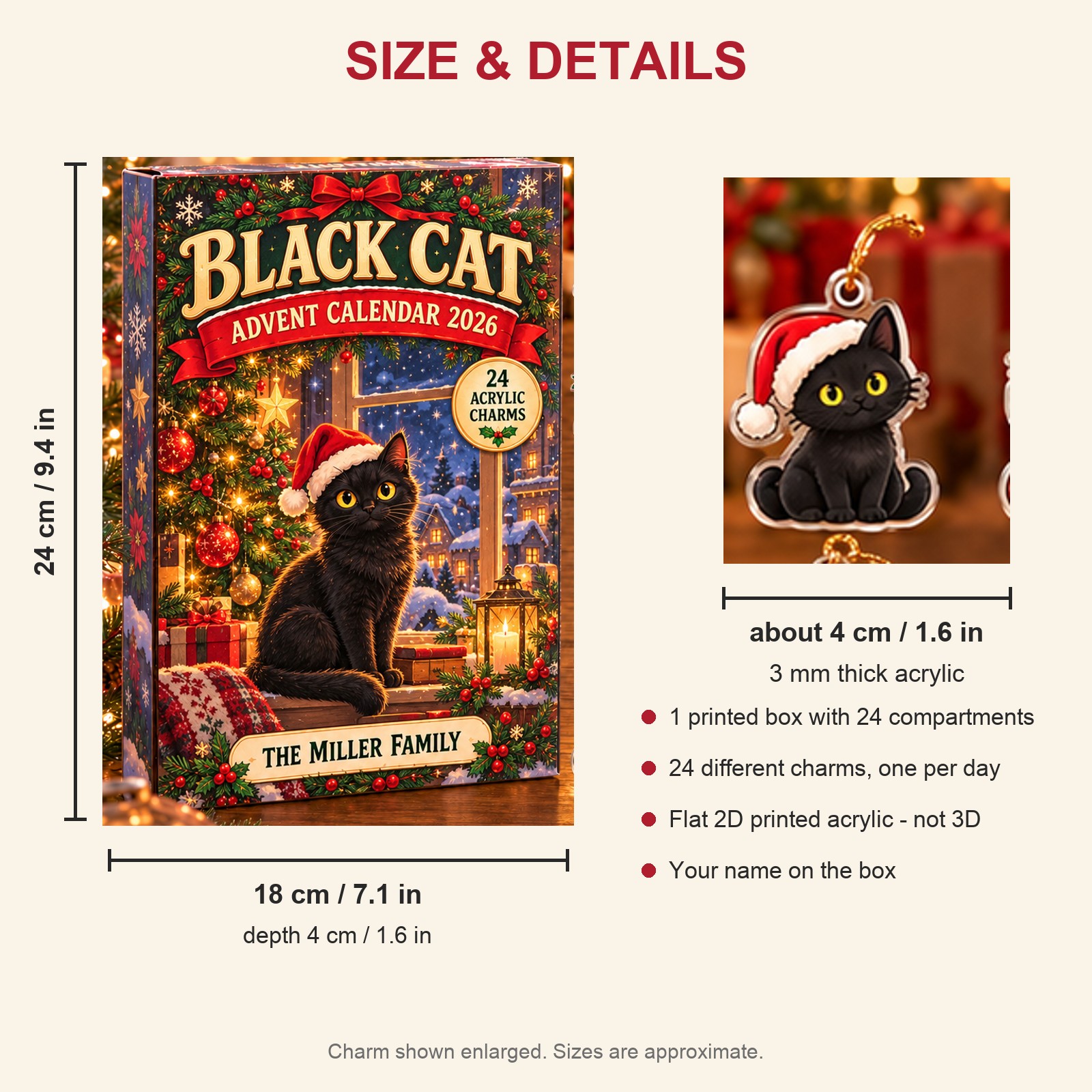 Personalized black cat advent calendar box with 24 flat acrylic Christmas charms: box and charm sizes