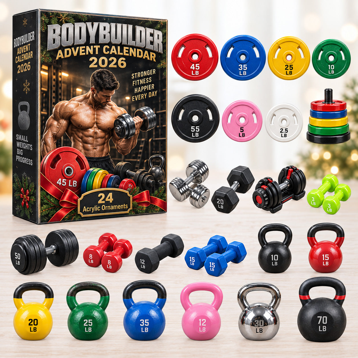 Bodybuilder advent calendar box with 24 acrylic Christmas charms