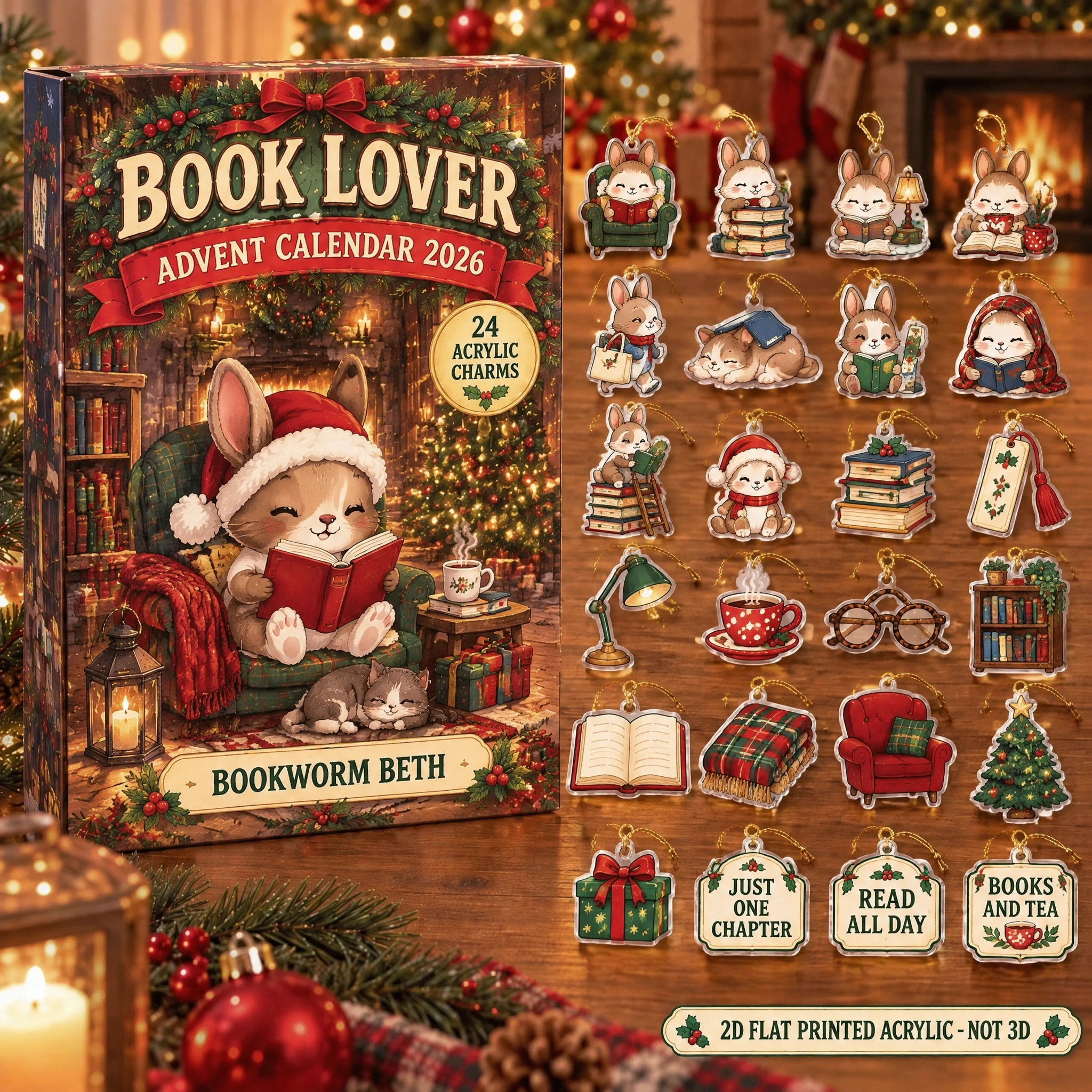 Personalized Book Lover Bunny advent calendar box with 24 flat acrylic Christmas charms