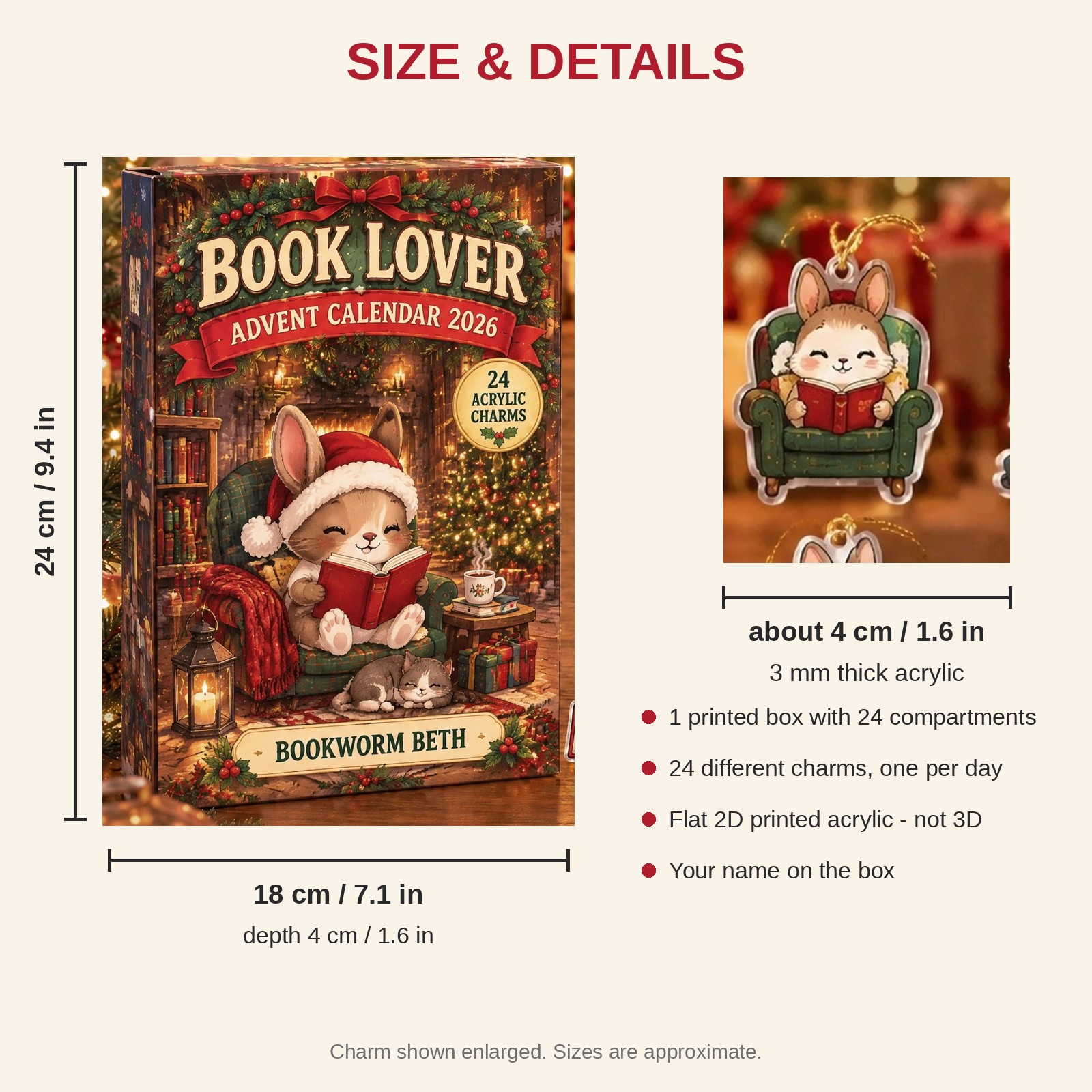 Personalized Book Lover Bunny advent calendar box with 24 flat acrylic Christmas charms: box and charm sizes