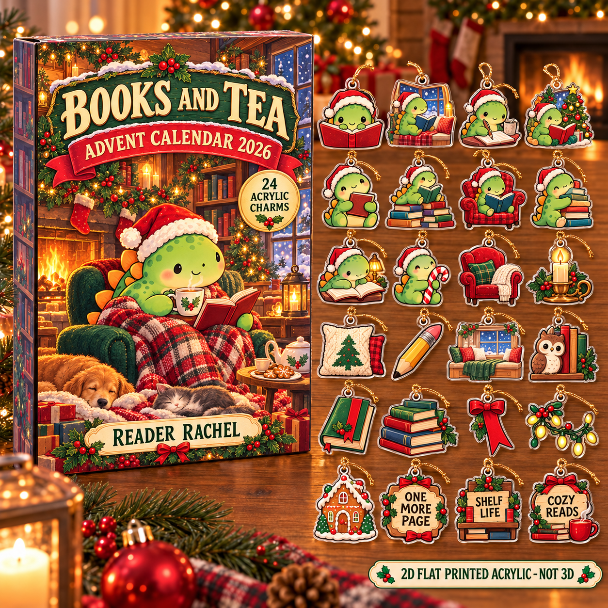 Personalized Book Lover Dinosaur advent calendar box with 24 flat acrylic Christmas charms