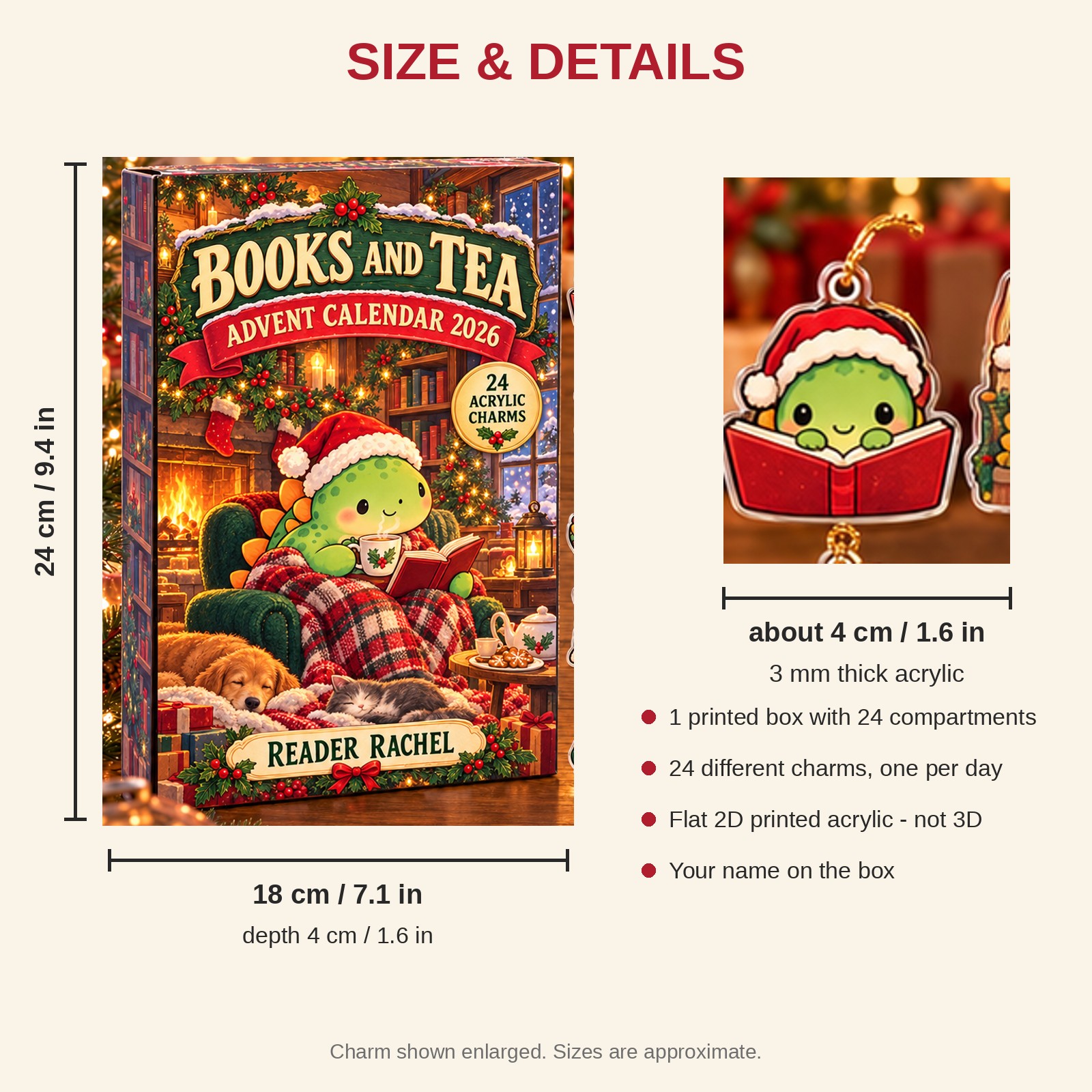 Personalized Book Lover Dinosaur advent calendar box with 24 flat acrylic Christmas charms: box and charm sizes