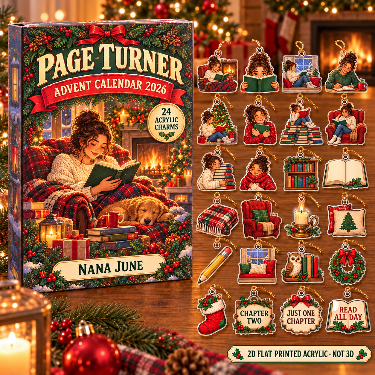 Personalized Book Lover Essentials advent calendar box with 24 flat acrylic Christmas charms