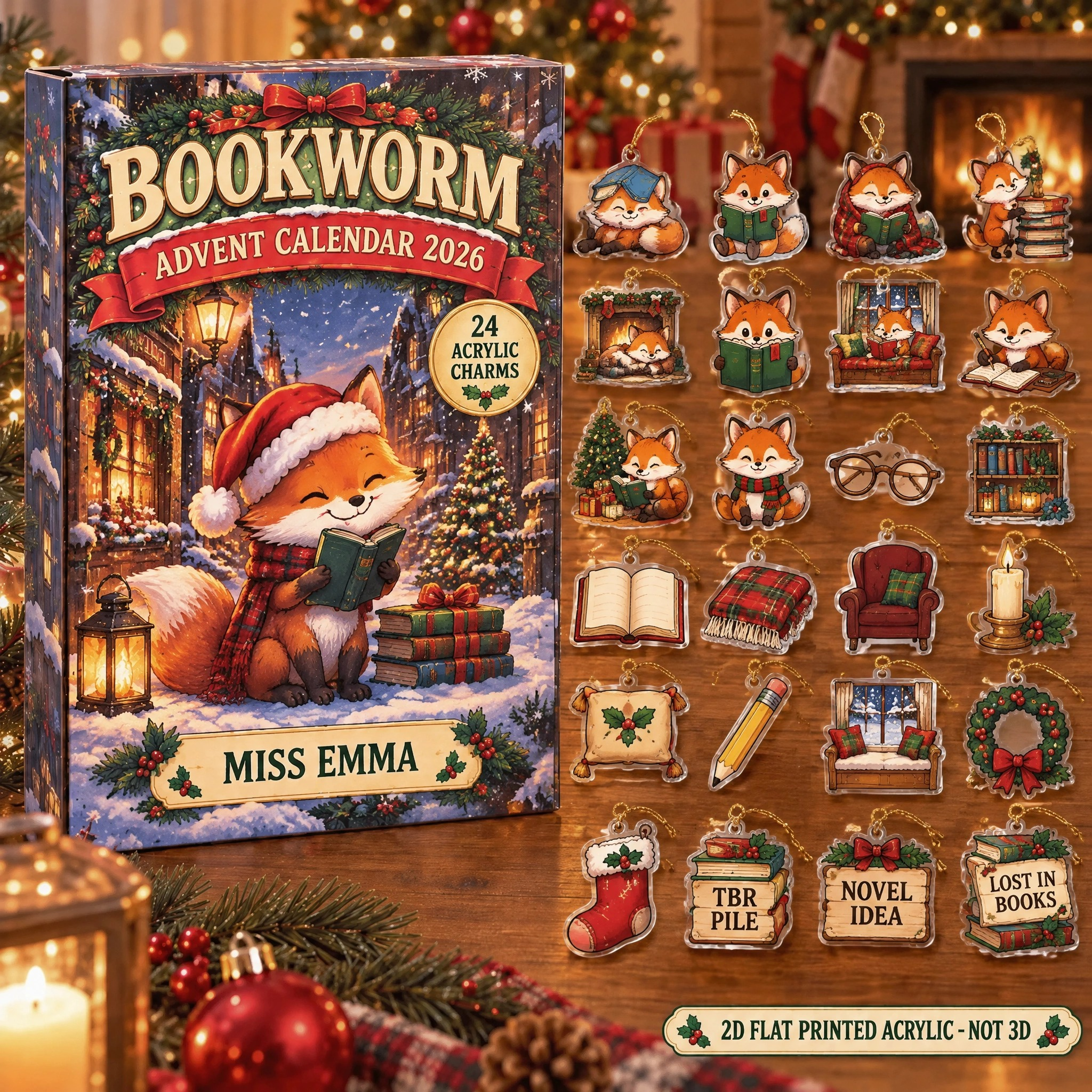 Personalized Book Lover Fox advent calendar box with 24 flat acrylic Christmas charms