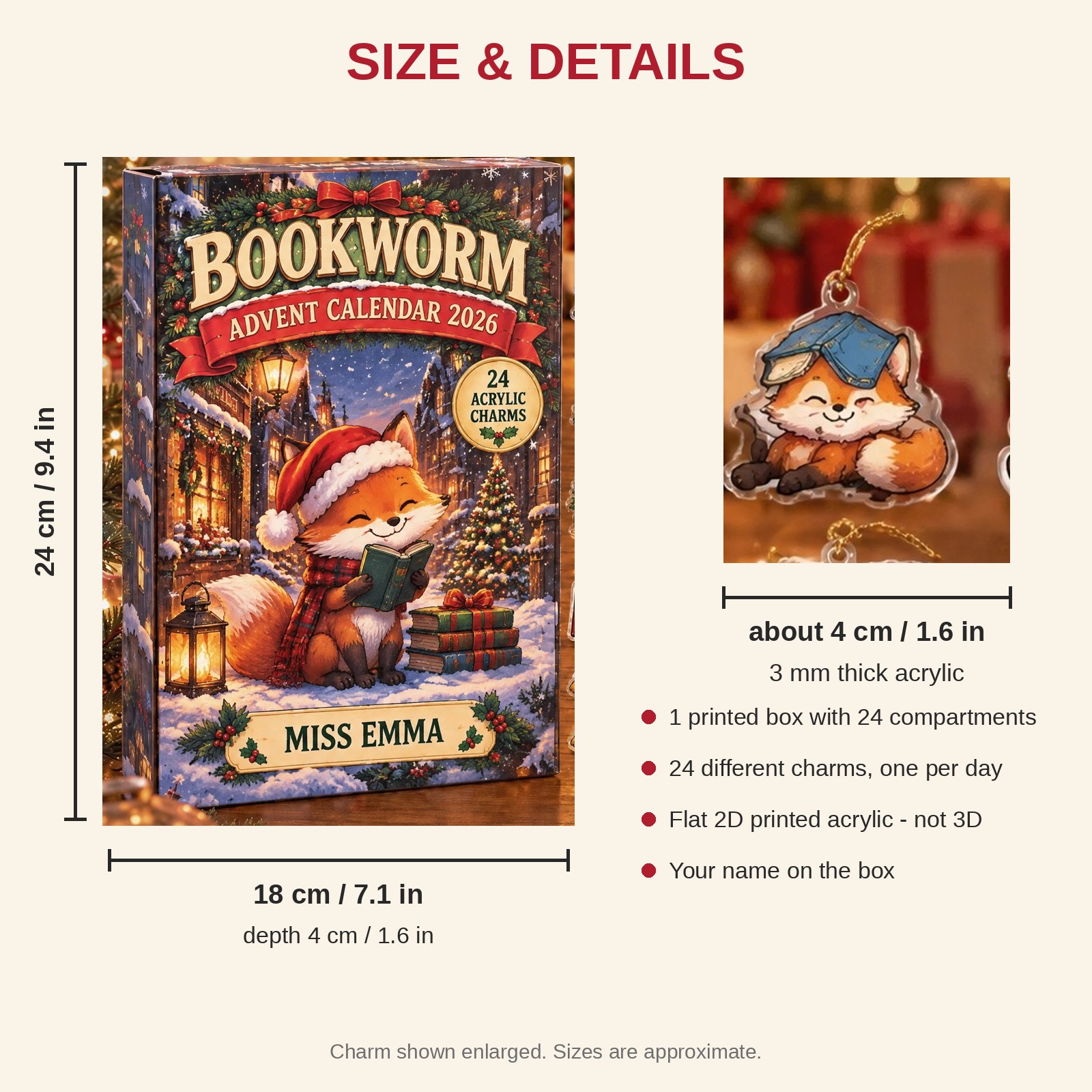 Personalized Book Lover Fox advent calendar box with 24 flat acrylic Christmas charms: box and charm sizes