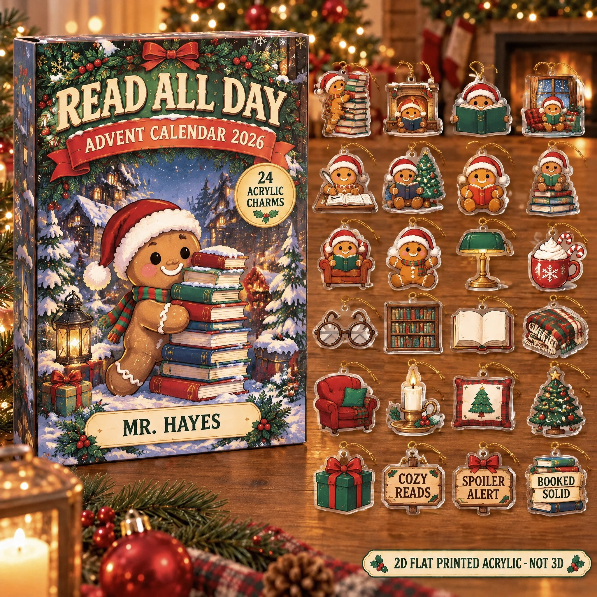 Personalized Book Lover Gingerbread advent calendar box with 24 flat acrylic Christmas charms