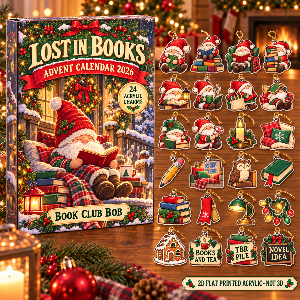 Personalized Book Lover Gnome advent calendar box with 24 flat acrylic Christmas charms