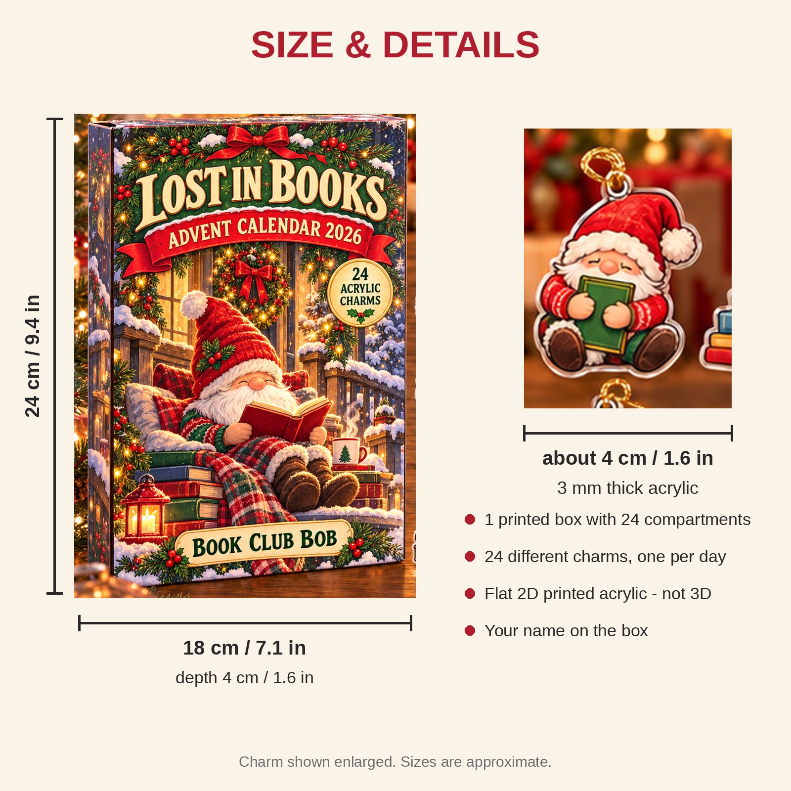 Personalized Book Lover Gnome advent calendar box with 24 flat acrylic Christmas charms: box and charm sizes