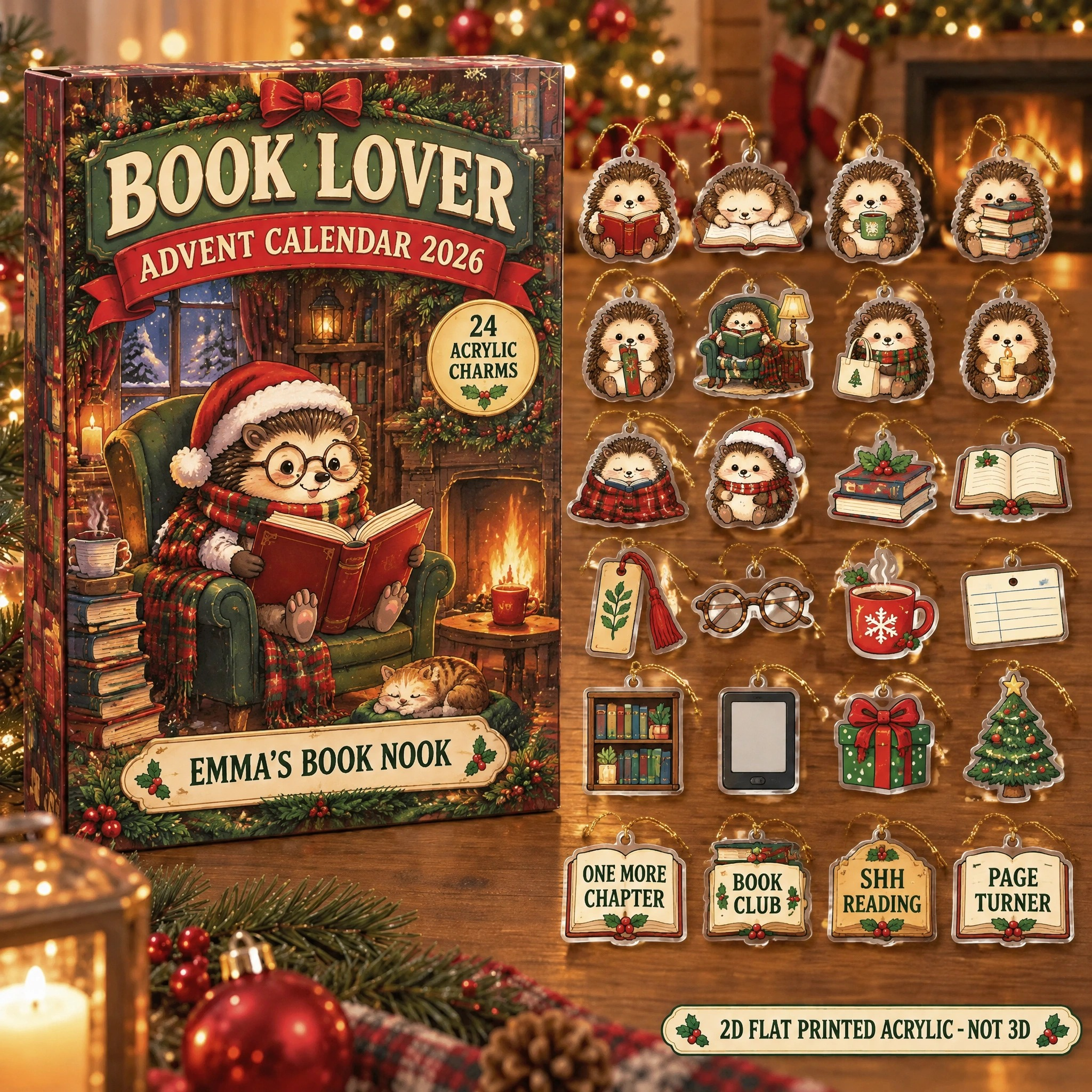 Personalized Book Lover Hedgehog advent calendar box with 24 flat acrylic Christmas charms