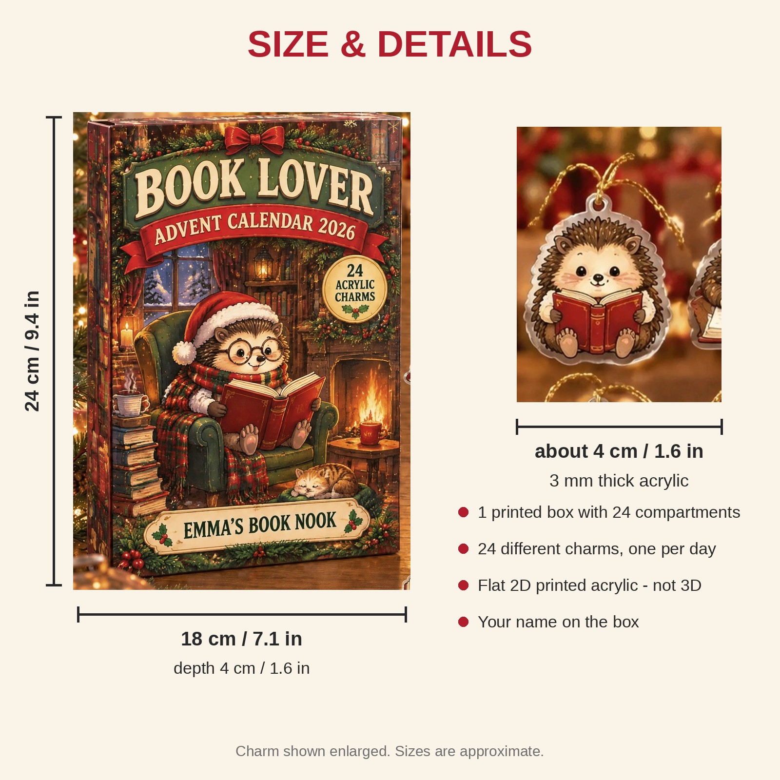 Personalized Book Lover Hedgehog advent calendar box with 24 flat acrylic Christmas charms: box and charm sizes