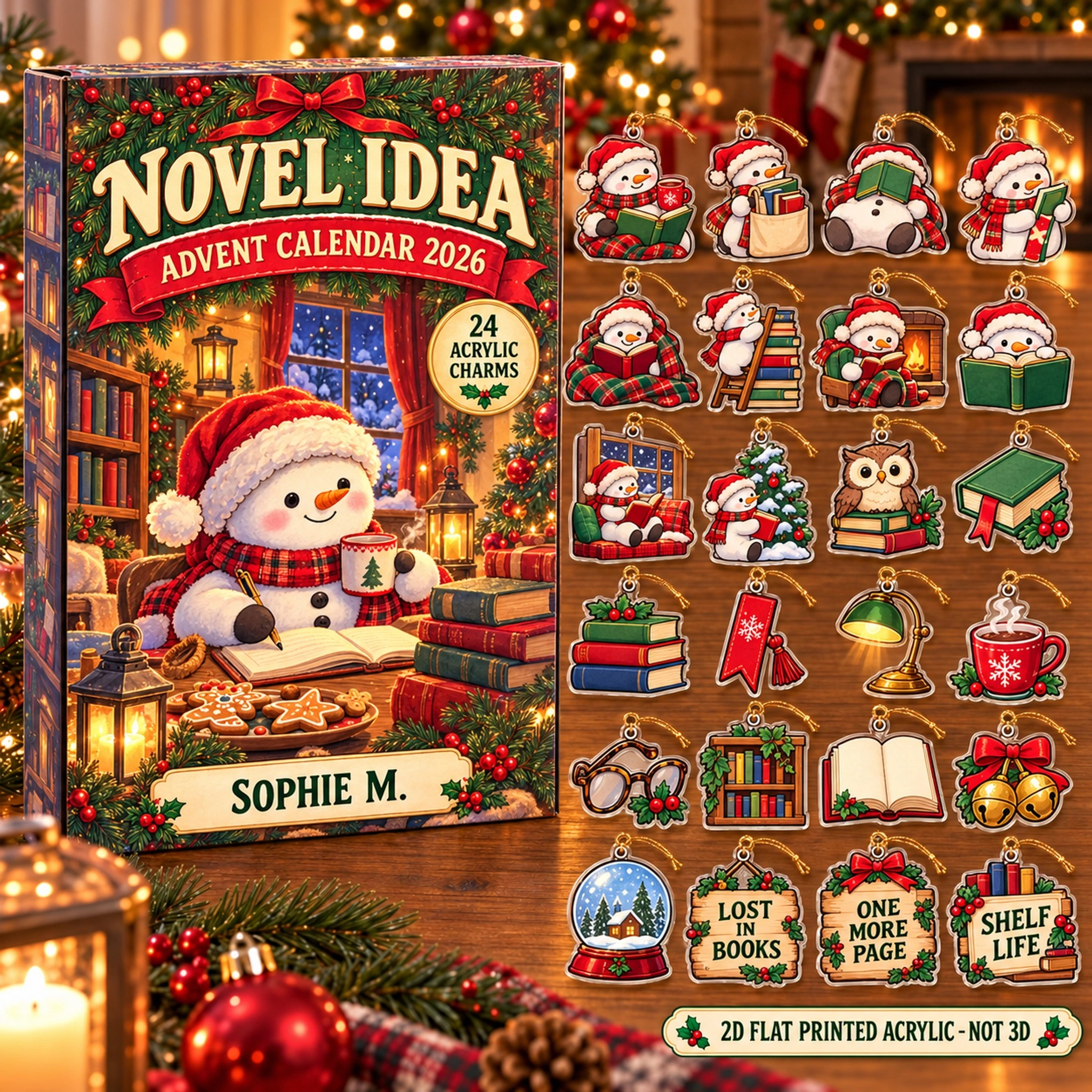 Personalized Book Lover Snowman advent calendar box with 24 flat acrylic Christmas charms