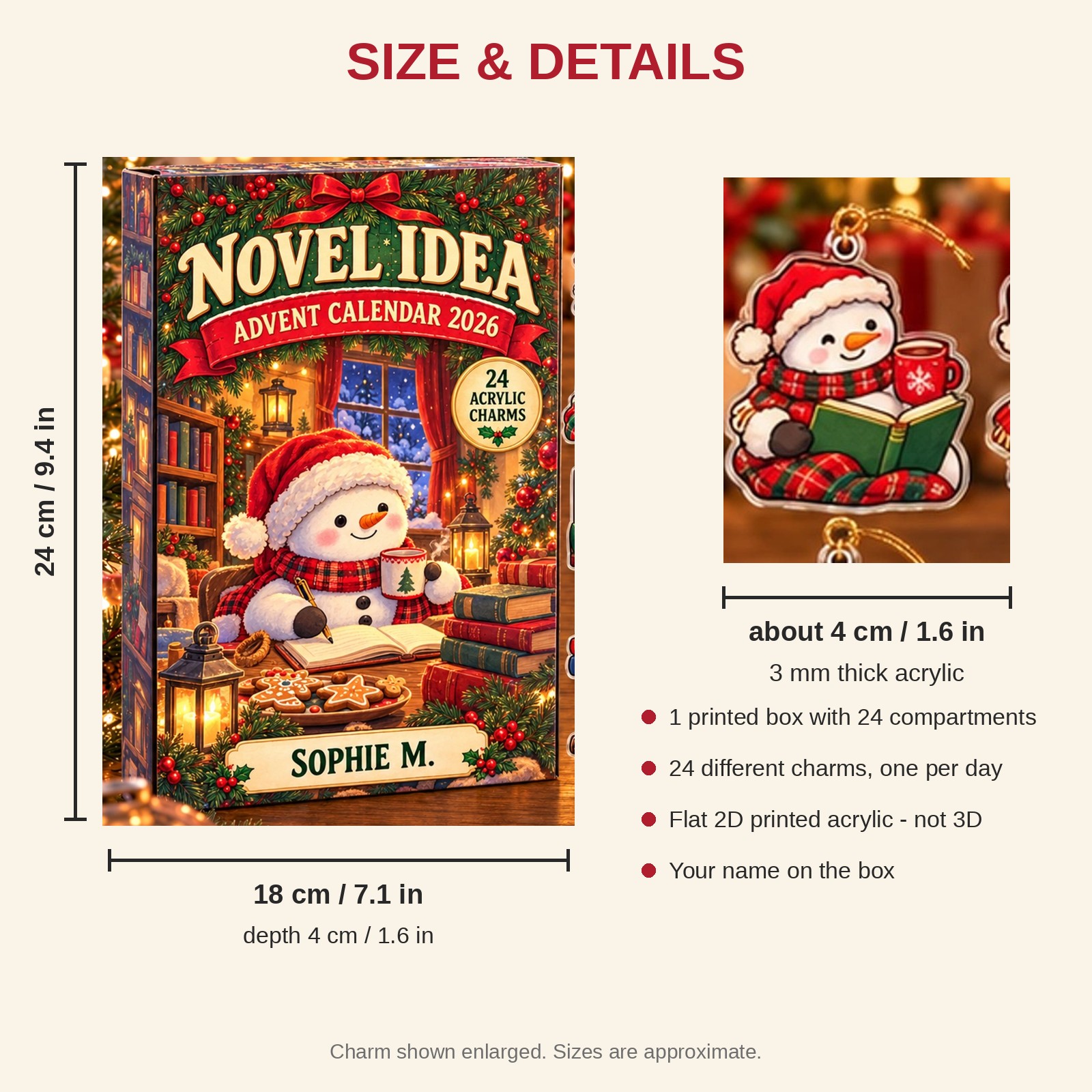 Personalized Book Lover Snowman advent calendar box with 24 flat acrylic Christmas charms: box and charm sizes
