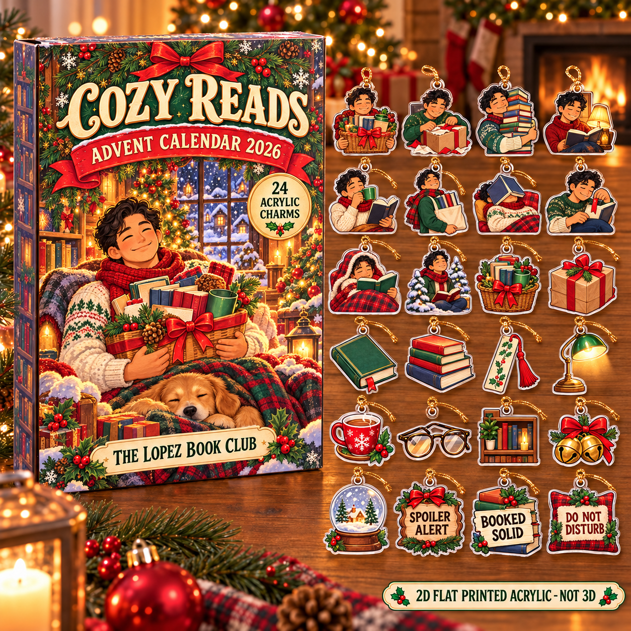 Personalized Book Lover Survival Kit advent calendar box with 24 flat acrylic Christmas charms