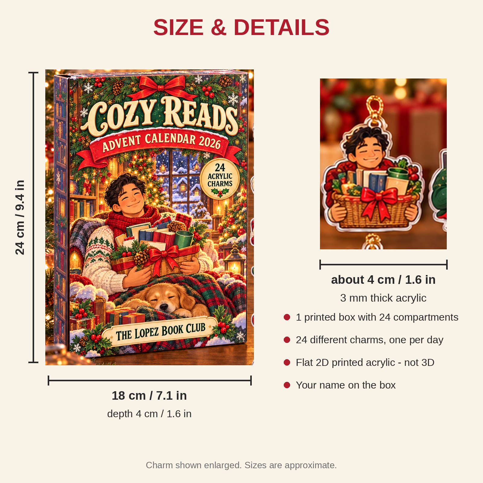 Personalized Book Lover Survival Kit advent calendar box with 24 flat acrylic Christmas charms: box and charm sizes