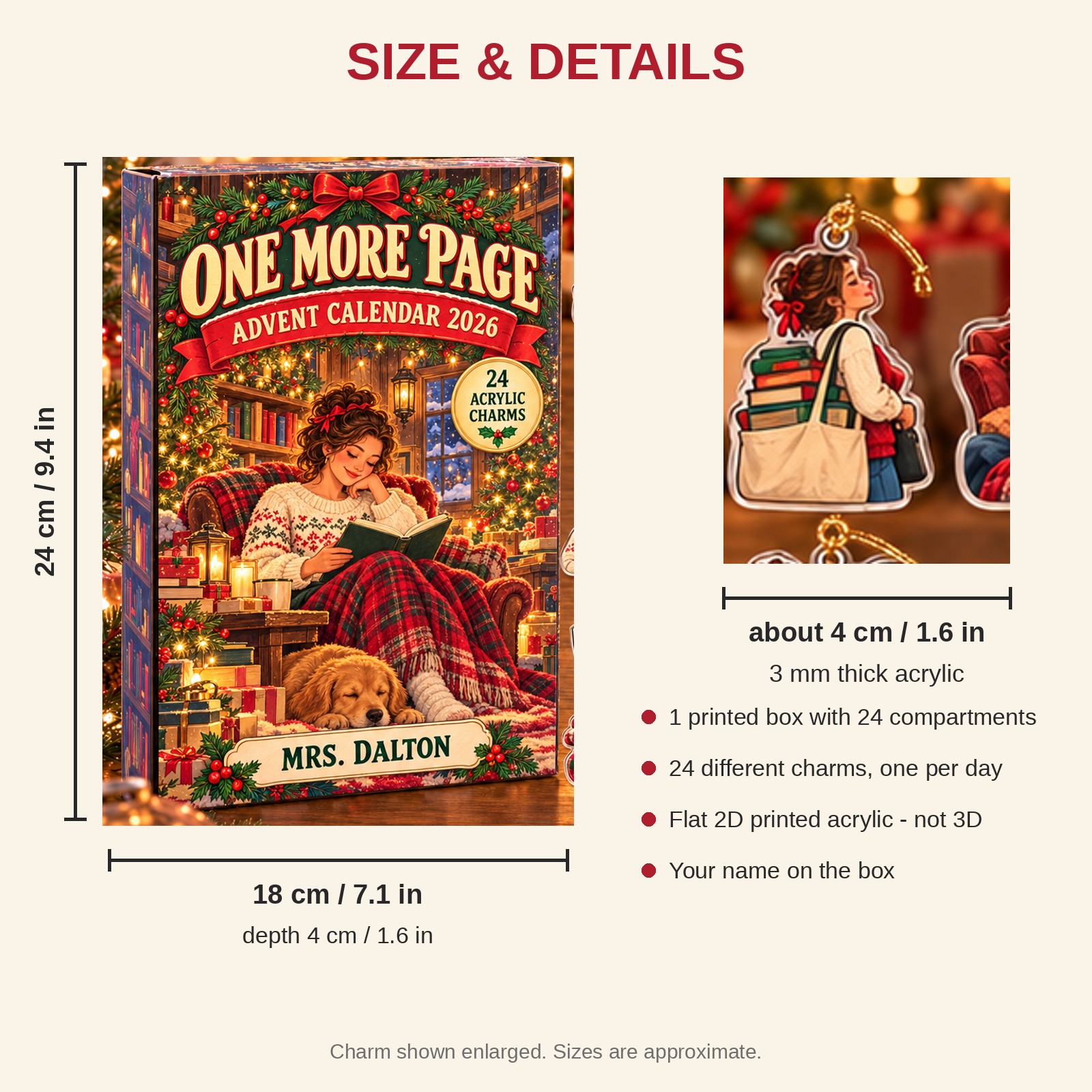 Personalized Retro Book Lover advent calendar box with 24 flat acrylic Christmas charms: box and charm sizes