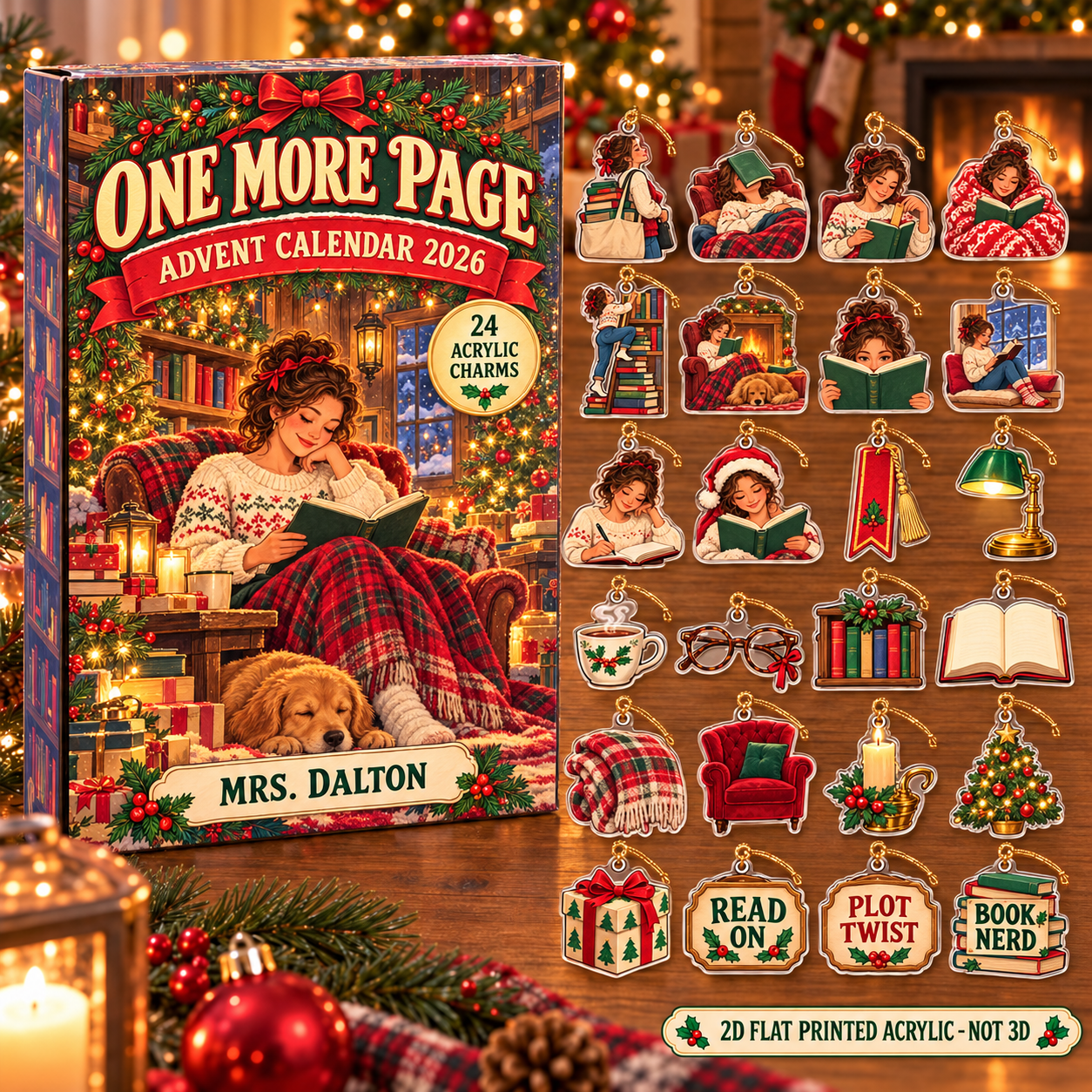 Personalized Retro Book Lover advent calendar box with 24 flat acrylic Christmas charms