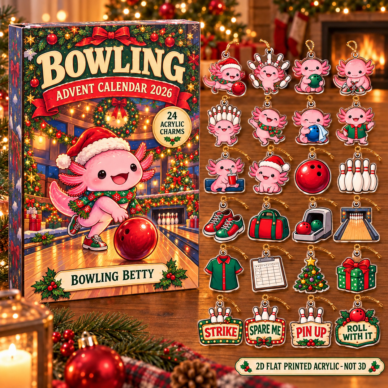 Personalized Bowling Axolotl advent calendar box with 24 flat acrylic Christmas charms