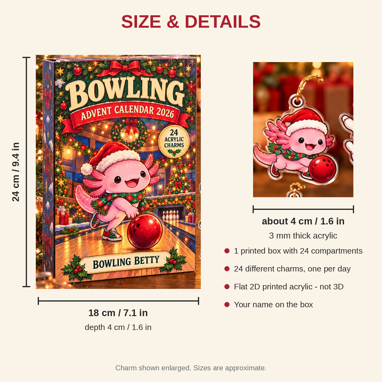 Personalized Bowling Axolotl advent calendar box with 24 flat acrylic Christmas charms: box and charm sizes