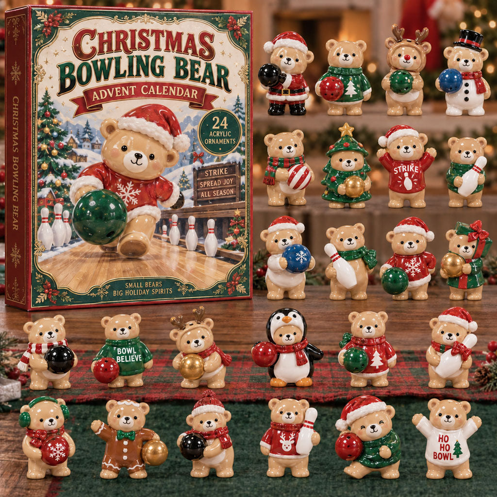 Bowling Bear advent calendar box with 24 acrylic Christmas charms