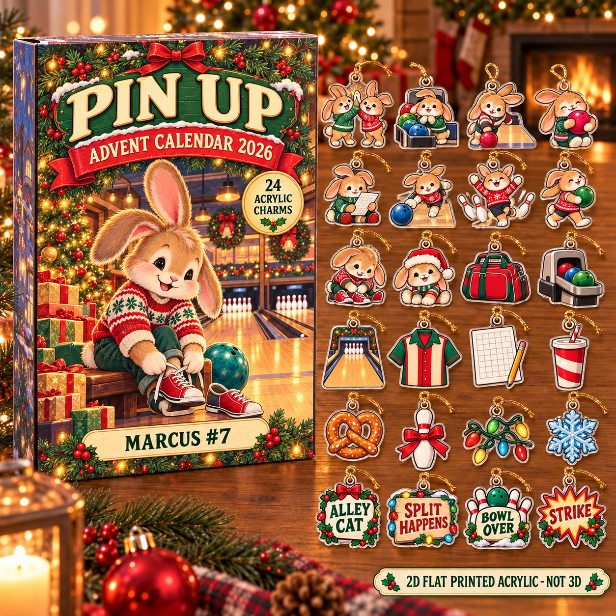 Personalized Bowling Bunny advent calendar box with 24 flat acrylic Christmas charms