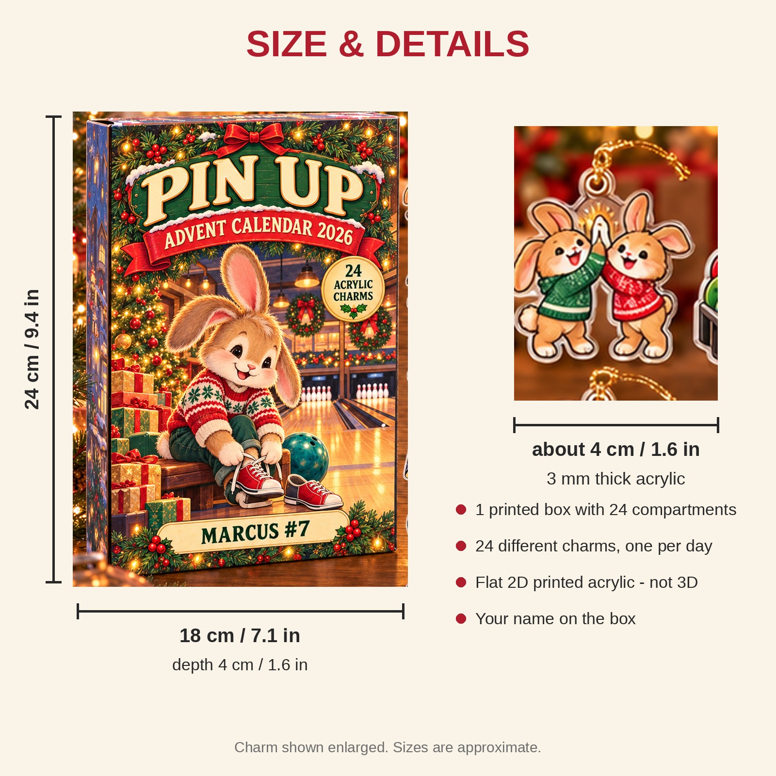 Personalized Bowling Bunny advent calendar box with 24 flat acrylic Christmas charms: box and charm sizes