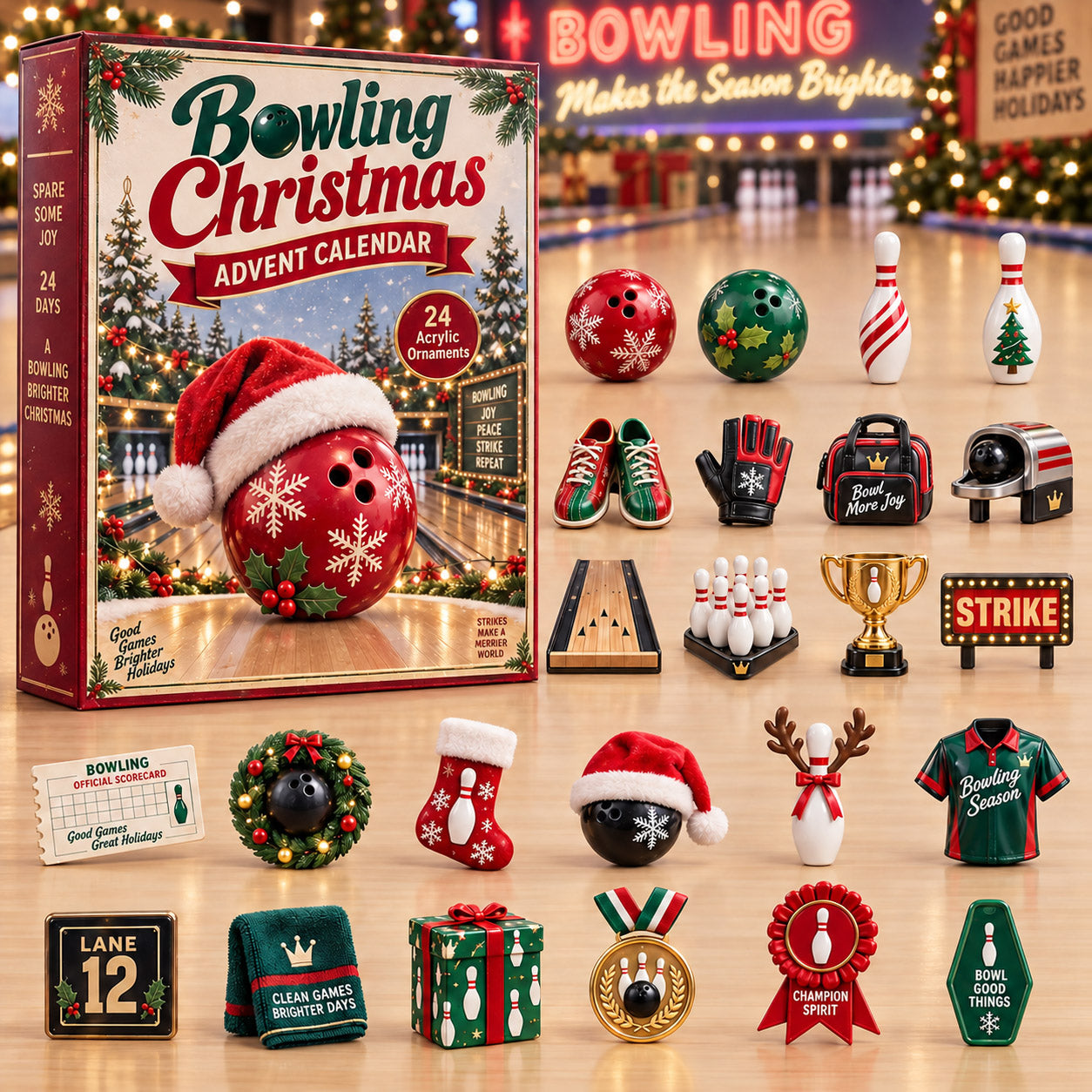 Bowling Christmas advent calendar box with 24 acrylic Christmas charms