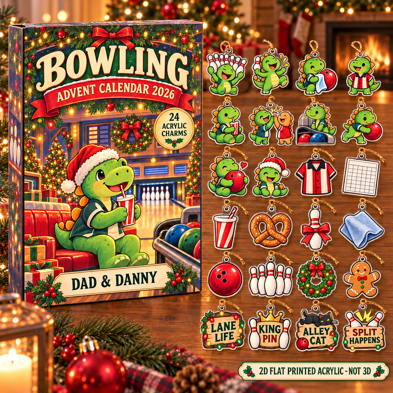 Personalized Bowling Dinosaur advent calendar box with 24 flat acrylic Christmas charms