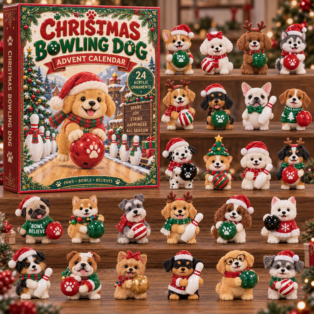 Bowling Dog advent calendar box with 24 acrylic Christmas charms