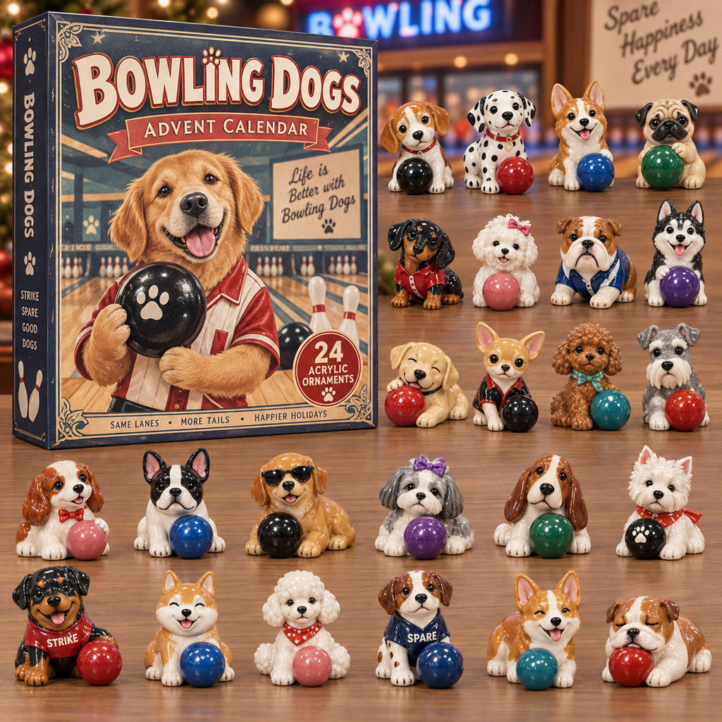 Bowling Dogs advent calendar box with 24 acrylic Christmas charms
