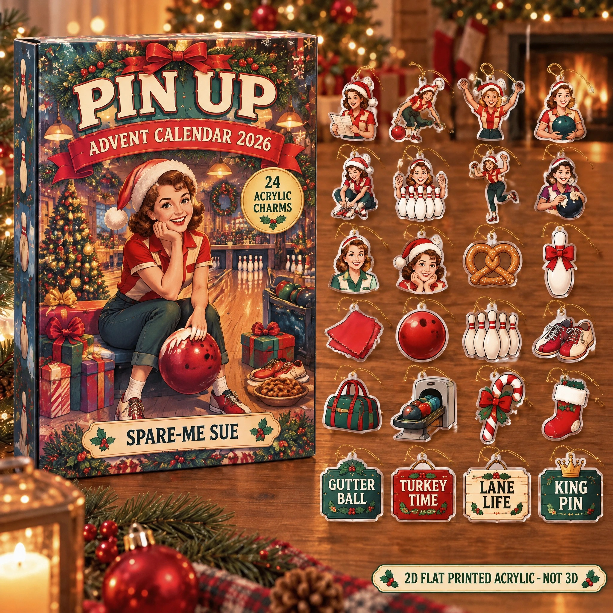 Personalized Bowling Essentials advent calendar box with 24 flat acrylic Christmas charms