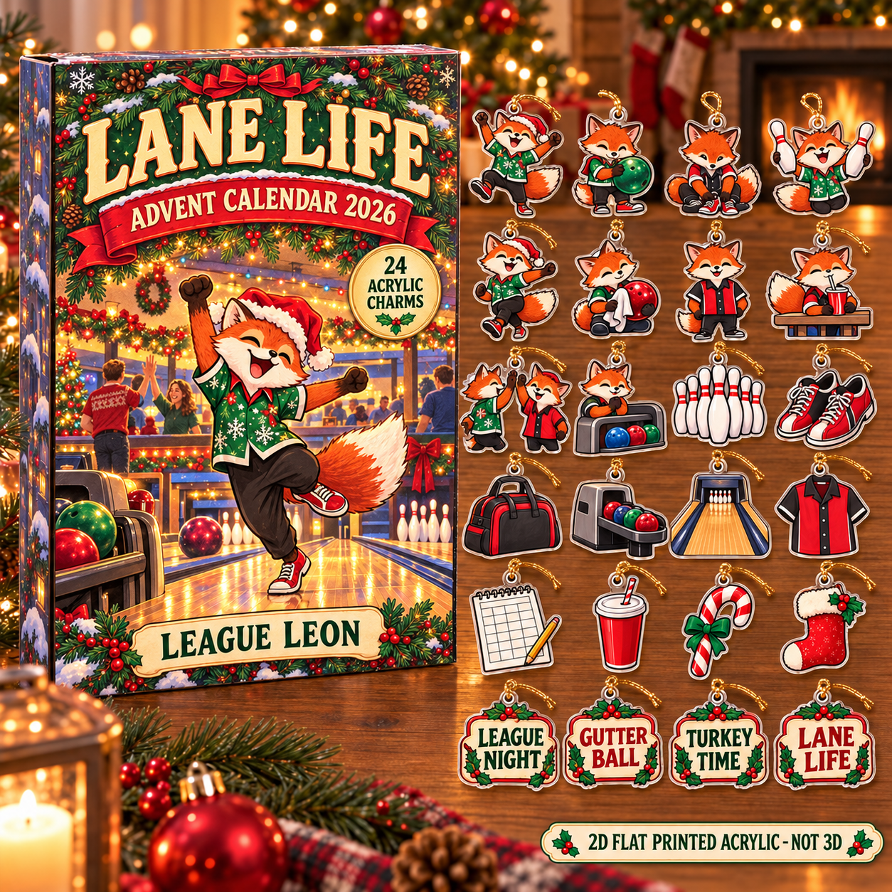Personalized Bowling Fox advent calendar box with 24 flat acrylic Christmas charms