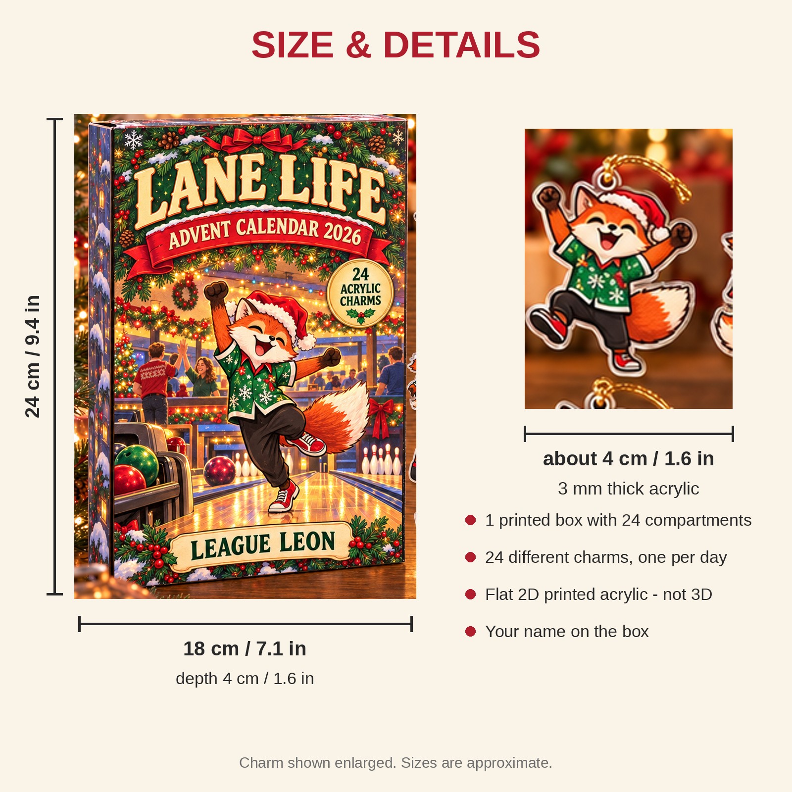 Personalized Bowling Fox advent calendar box with 24 flat acrylic Christmas charms: box and charm sizes