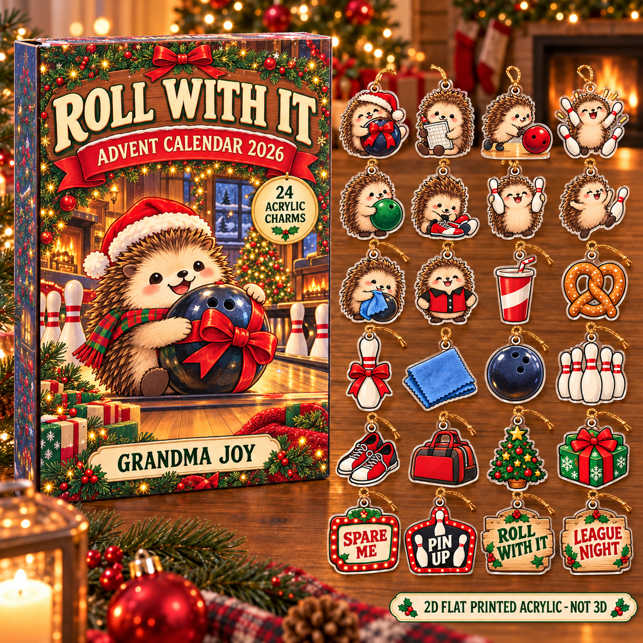 Personalized Bowling Hedgehog advent calendar box with 24 flat acrylic Christmas charms