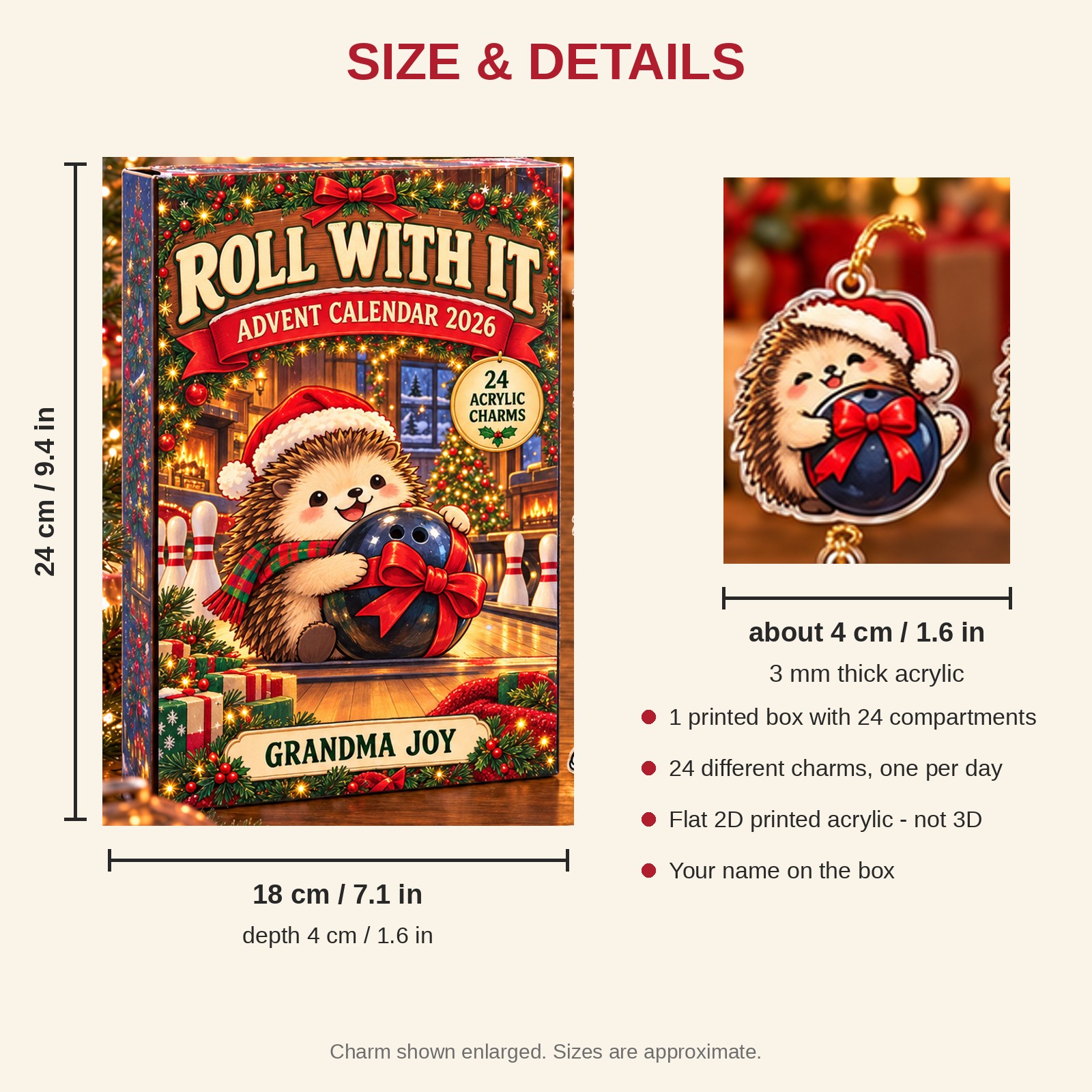 Personalized Bowling Hedgehog advent calendar box with 24 flat acrylic Christmas charms: box and charm sizes