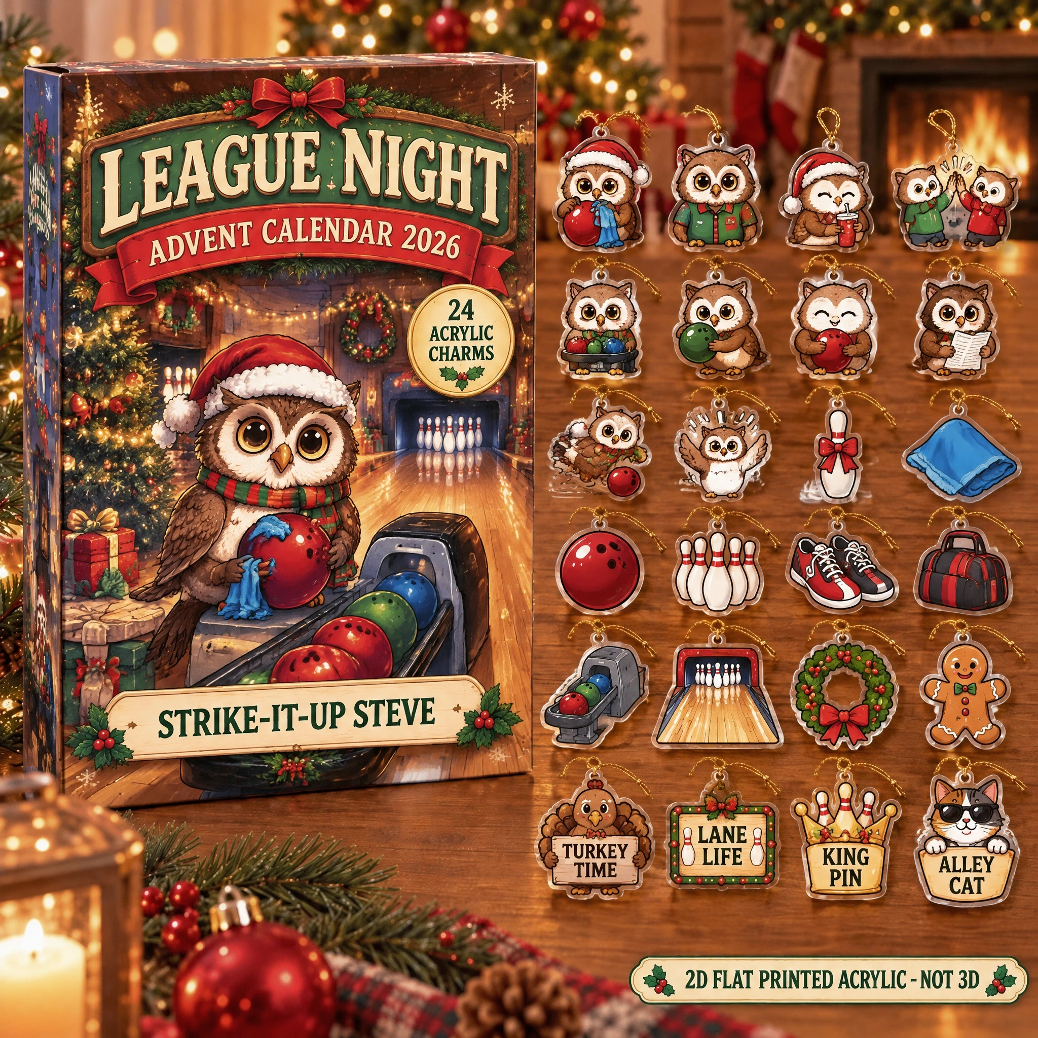 Personalized Bowling Owl advent calendar box with 24 flat acrylic Christmas charms