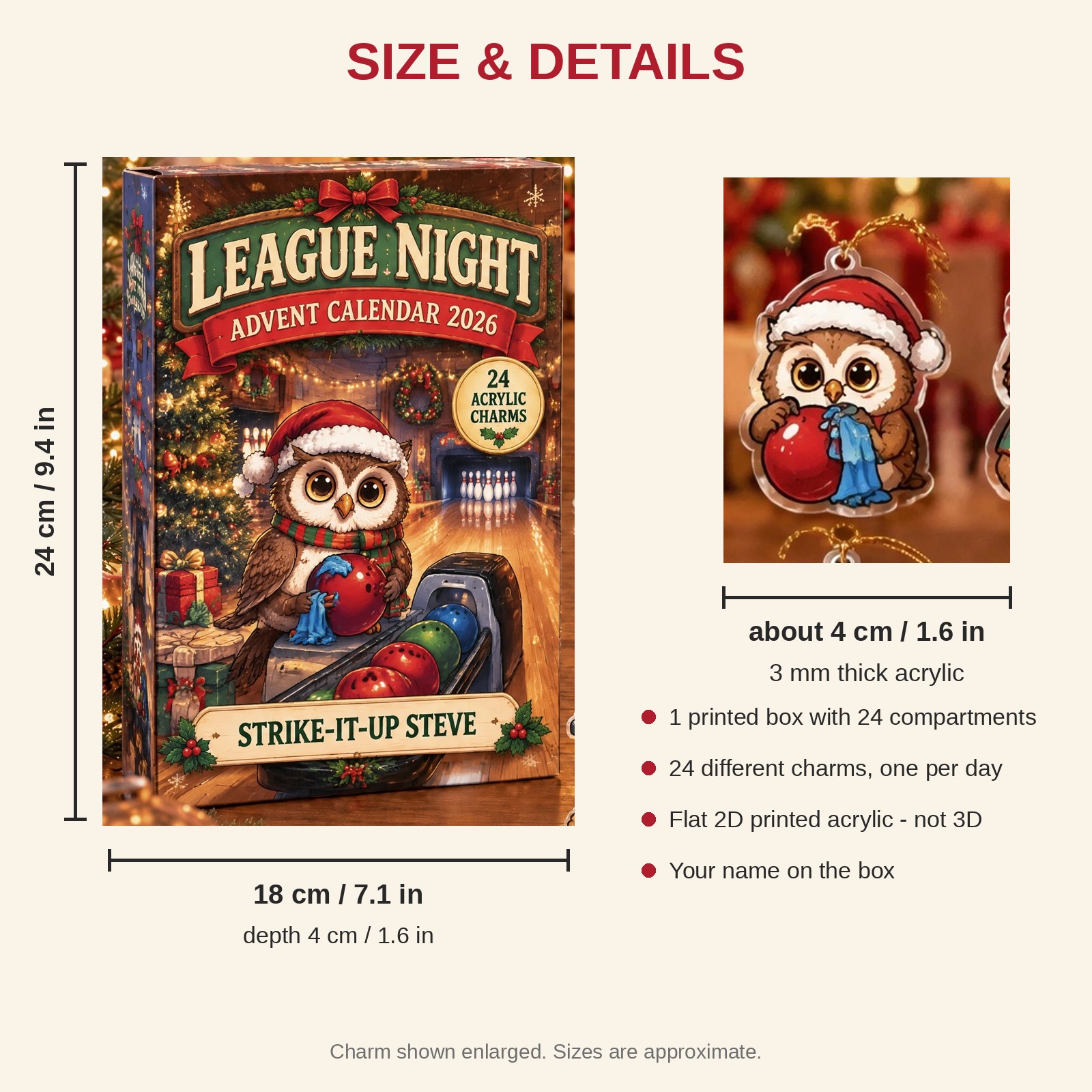 Personalized Bowling Owl advent calendar box with 24 flat acrylic Christmas charms: box and charm sizes