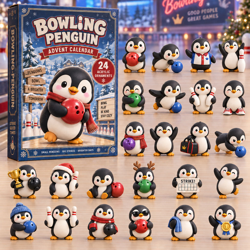 Bowling Penguin advent calendar box with 24 acrylic Christmas charms