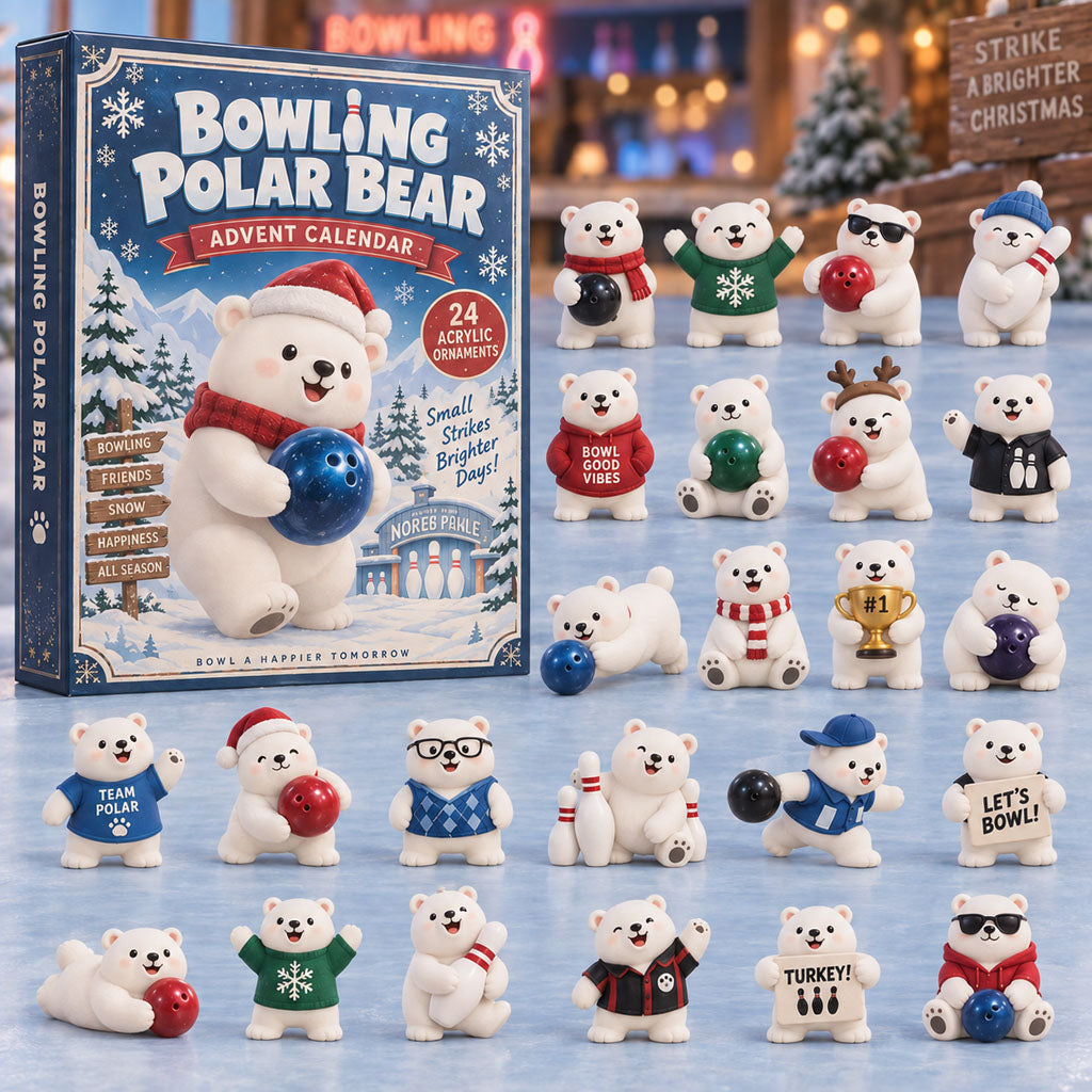 Bowling Polar Bear advent calendar box with 24 acrylic Christmas charms