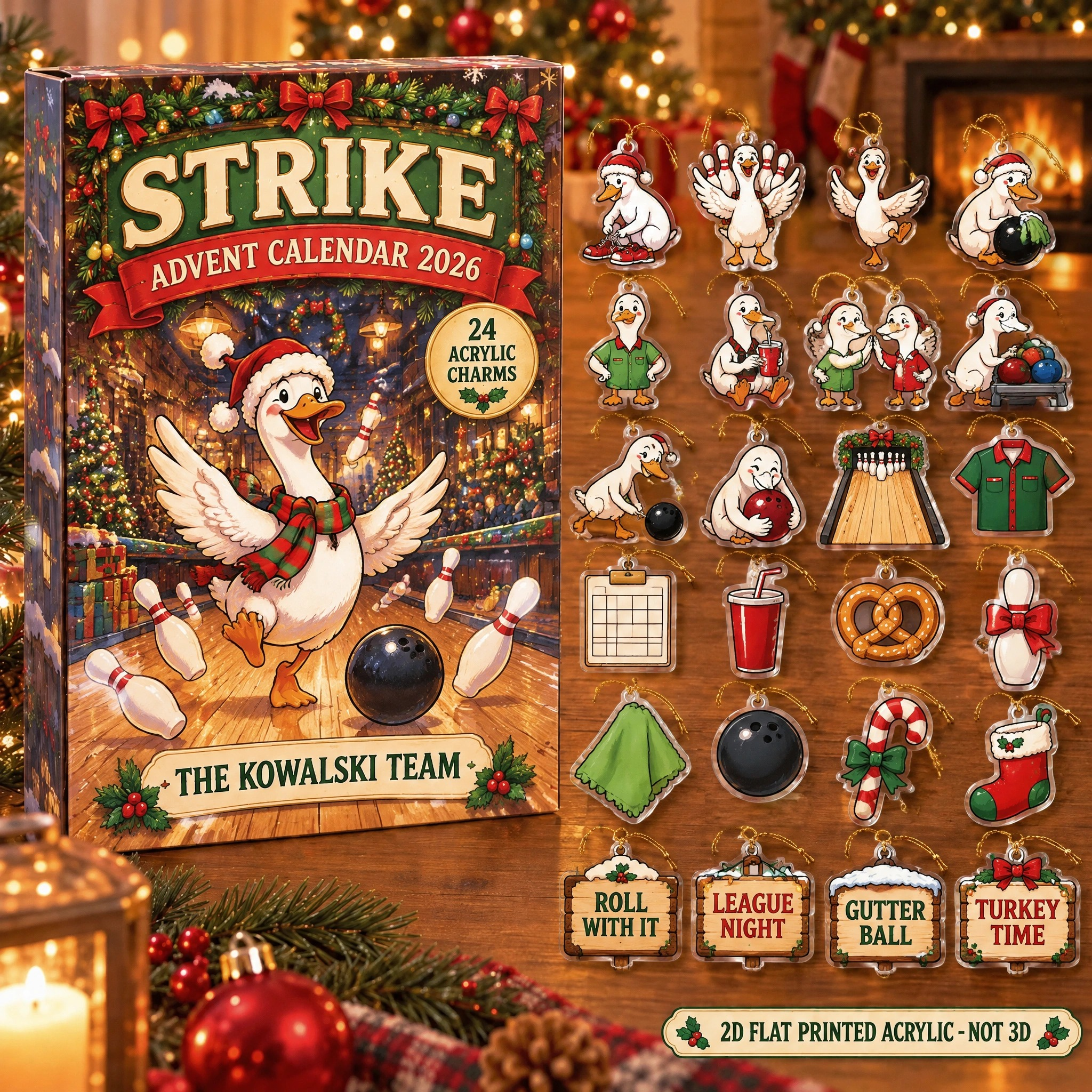 Personalized Bowling Silly Goose advent calendar box with 24 flat acrylic Christmas charms
