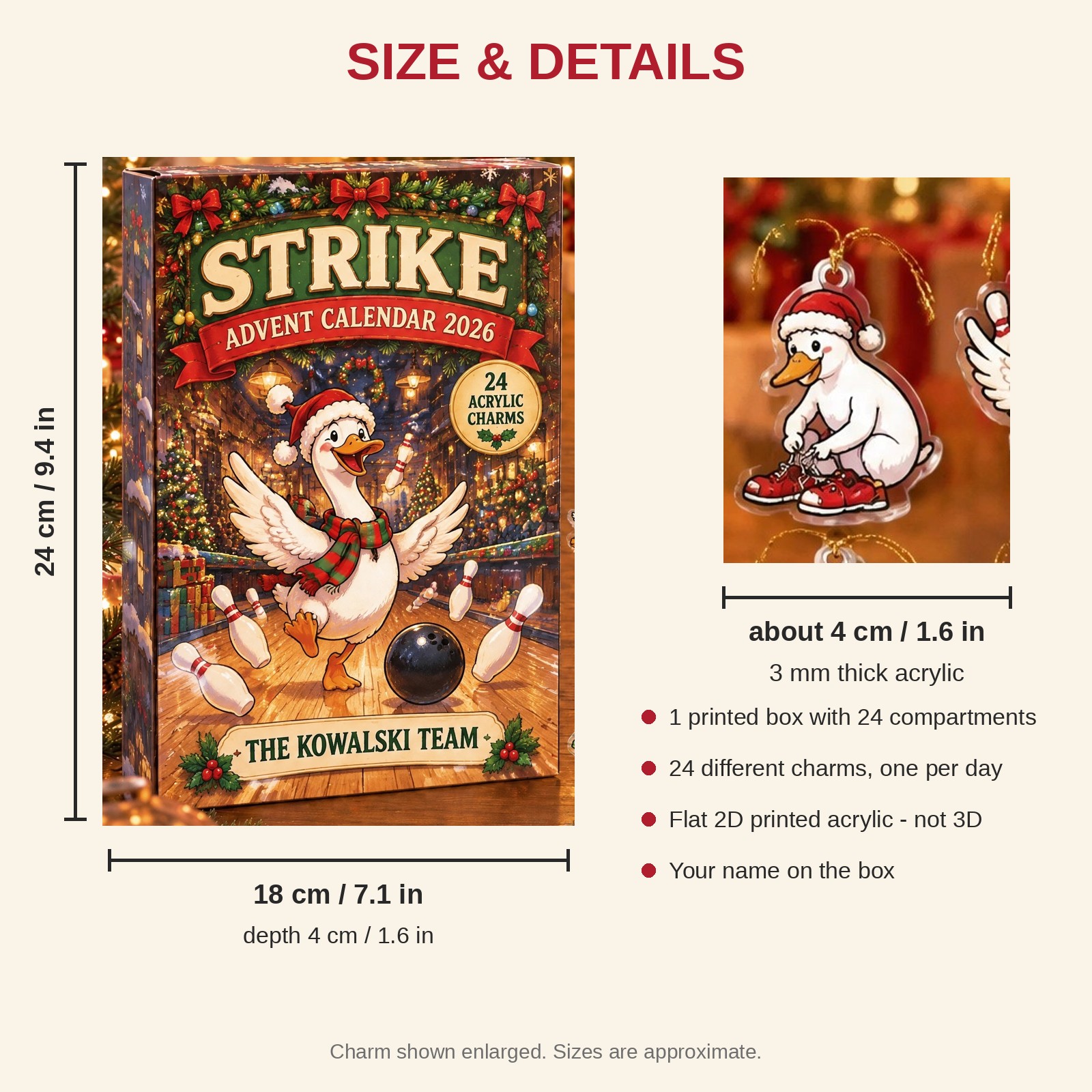 Personalized Bowling Silly Goose advent calendar box with 24 flat acrylic Christmas charms: box and charm sizes