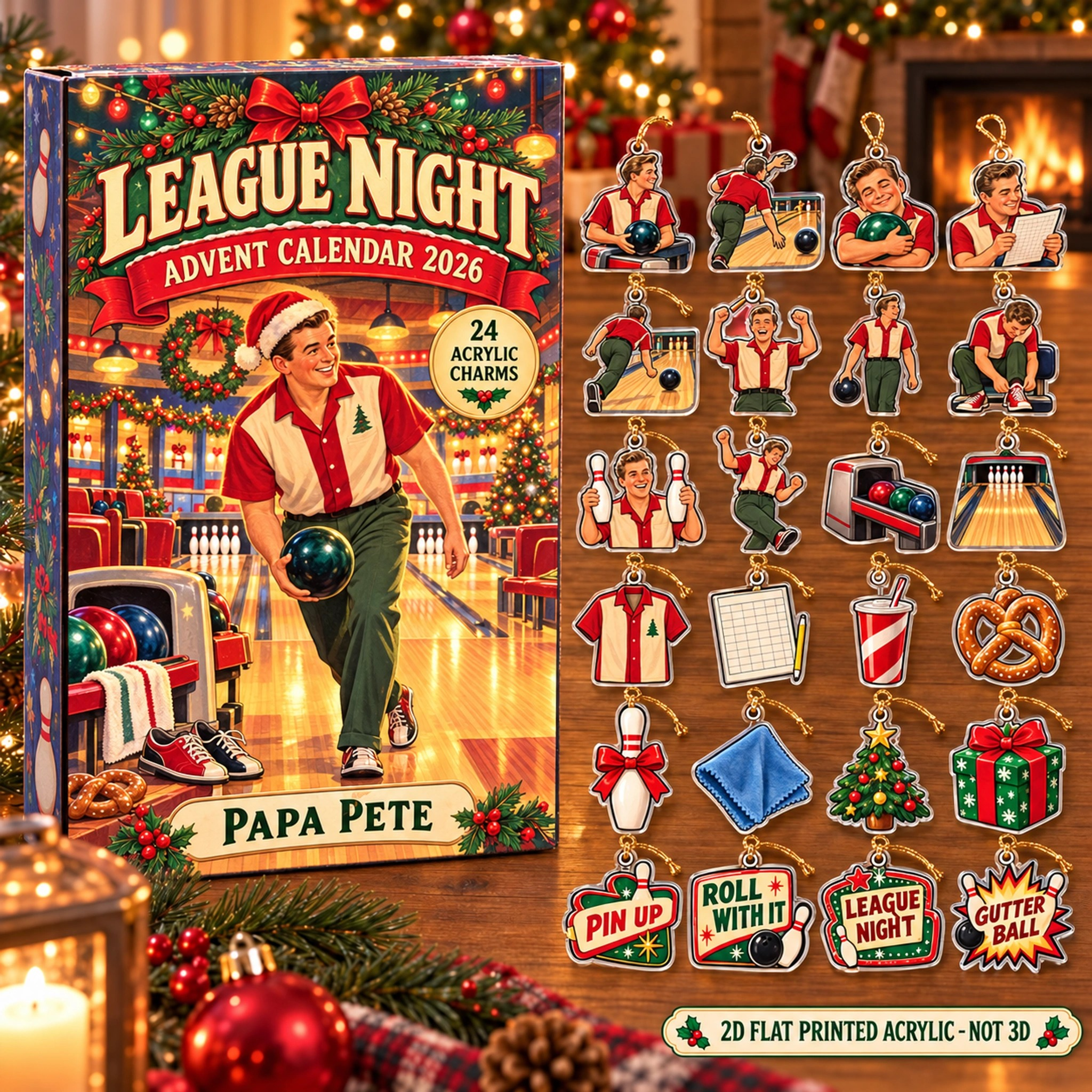 Personalized Bowling Vintage Retro advent calendar box with 24 flat acrylic Christmas charms
