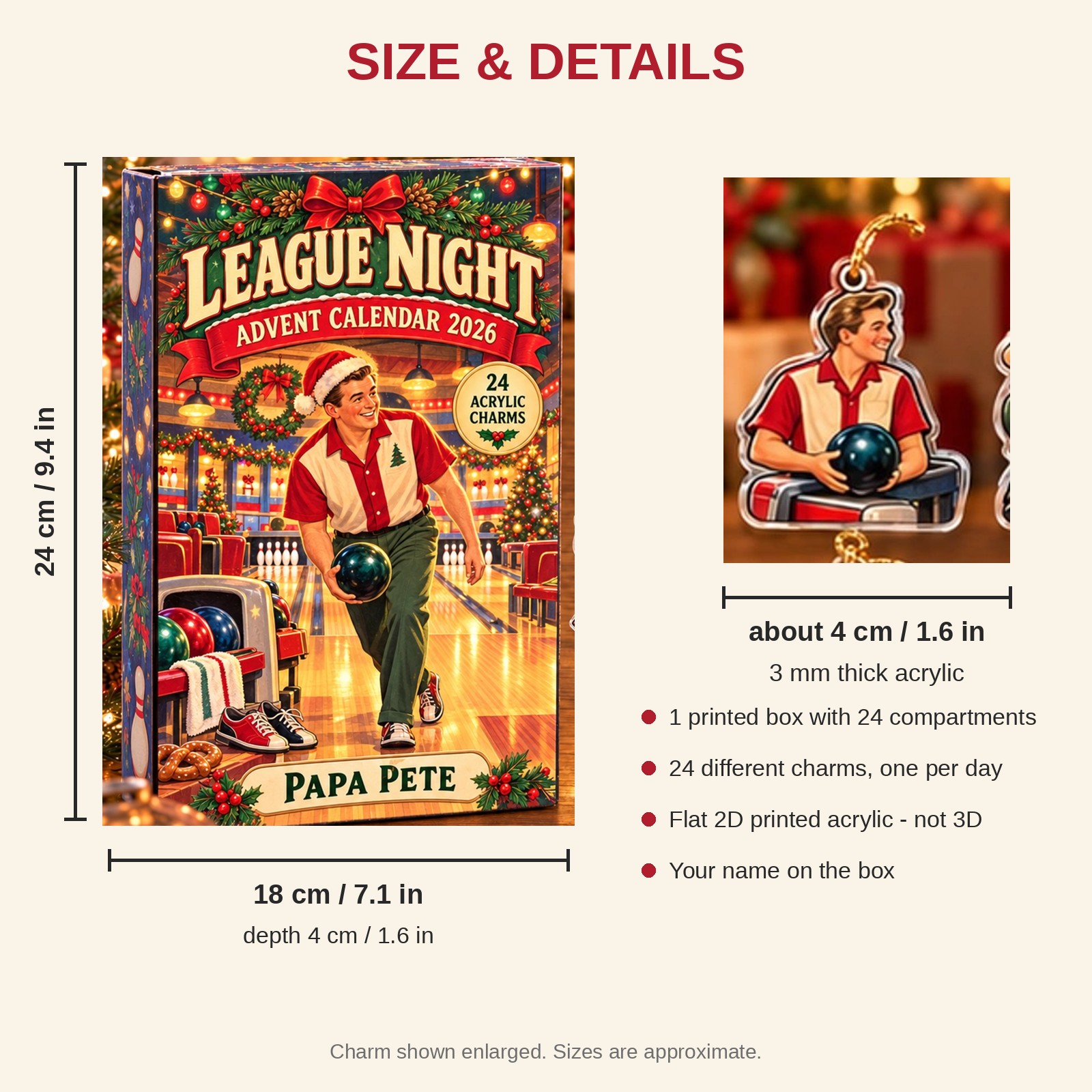 Personalized Bowling Vintage Retro advent calendar box with 24 flat acrylic Christmas charms: box and charm sizes